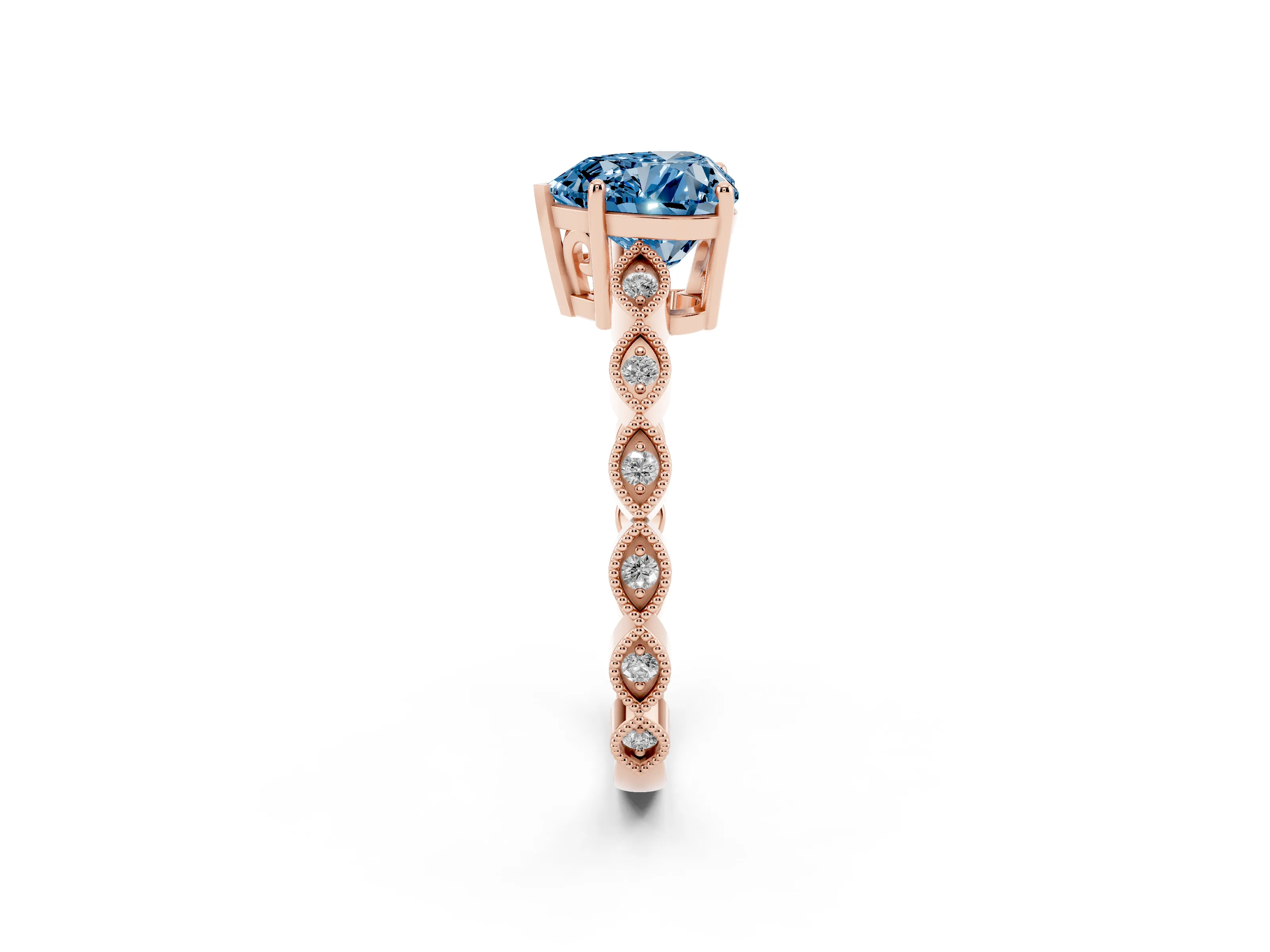 Fancy Blue Heart Cut Diamond Solitaire Ring Set in Rose gold with Infinity Twist Pavé Band
