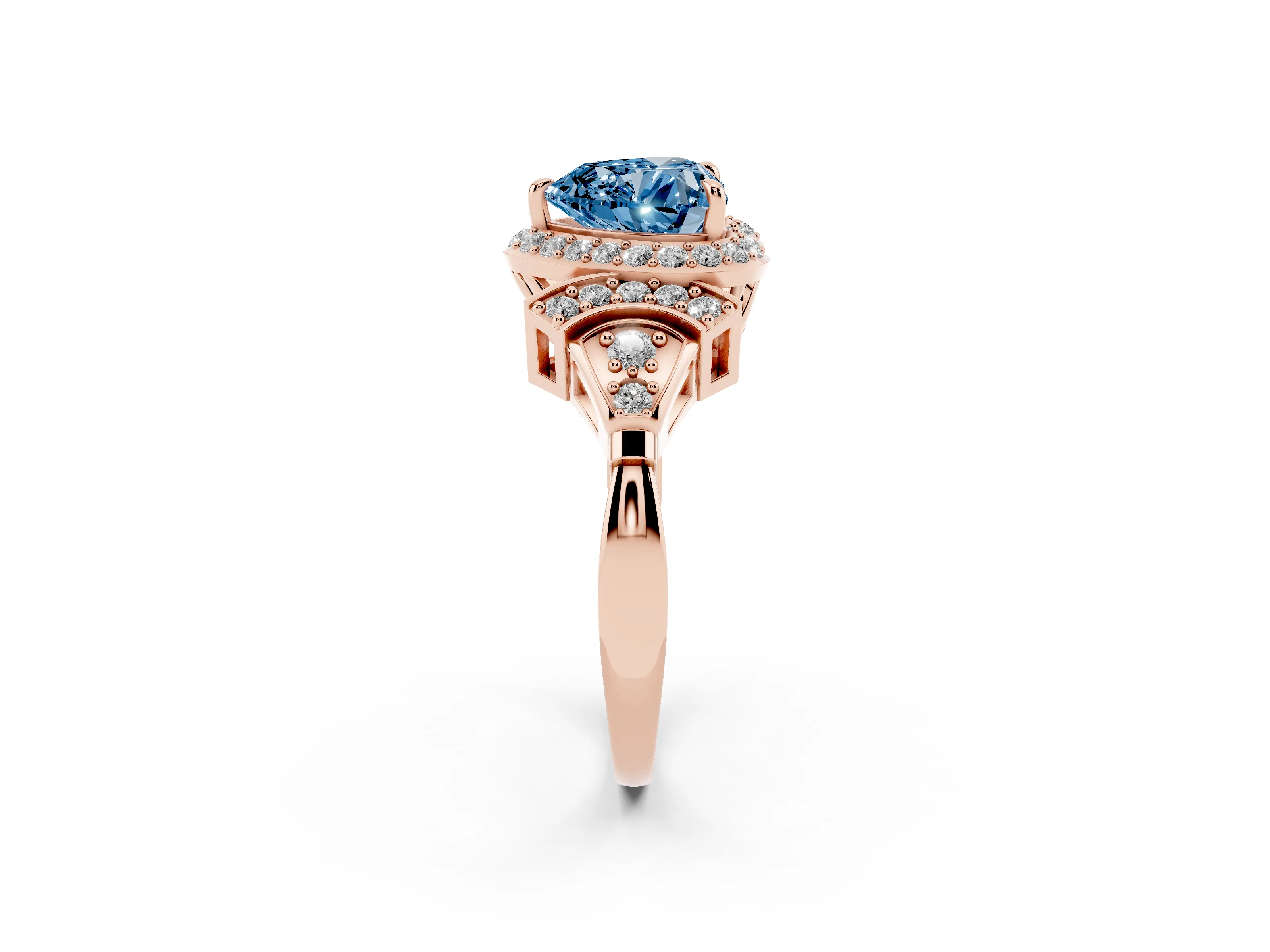 Fancy Blue Heart Cut Diamond Halo Engagement Ring Set in Rose gold with Accent Stone Split Shank