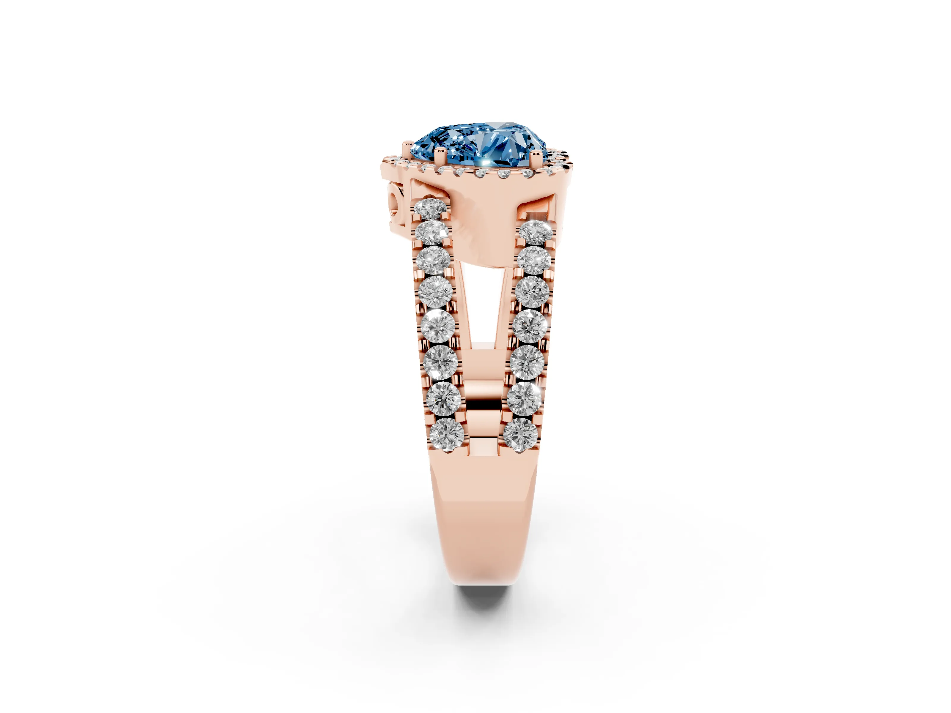 Fancy Blue Heart Cut Diamond Halo Ring Set in Rose gold with Pavé Split Shank and Prong Setting