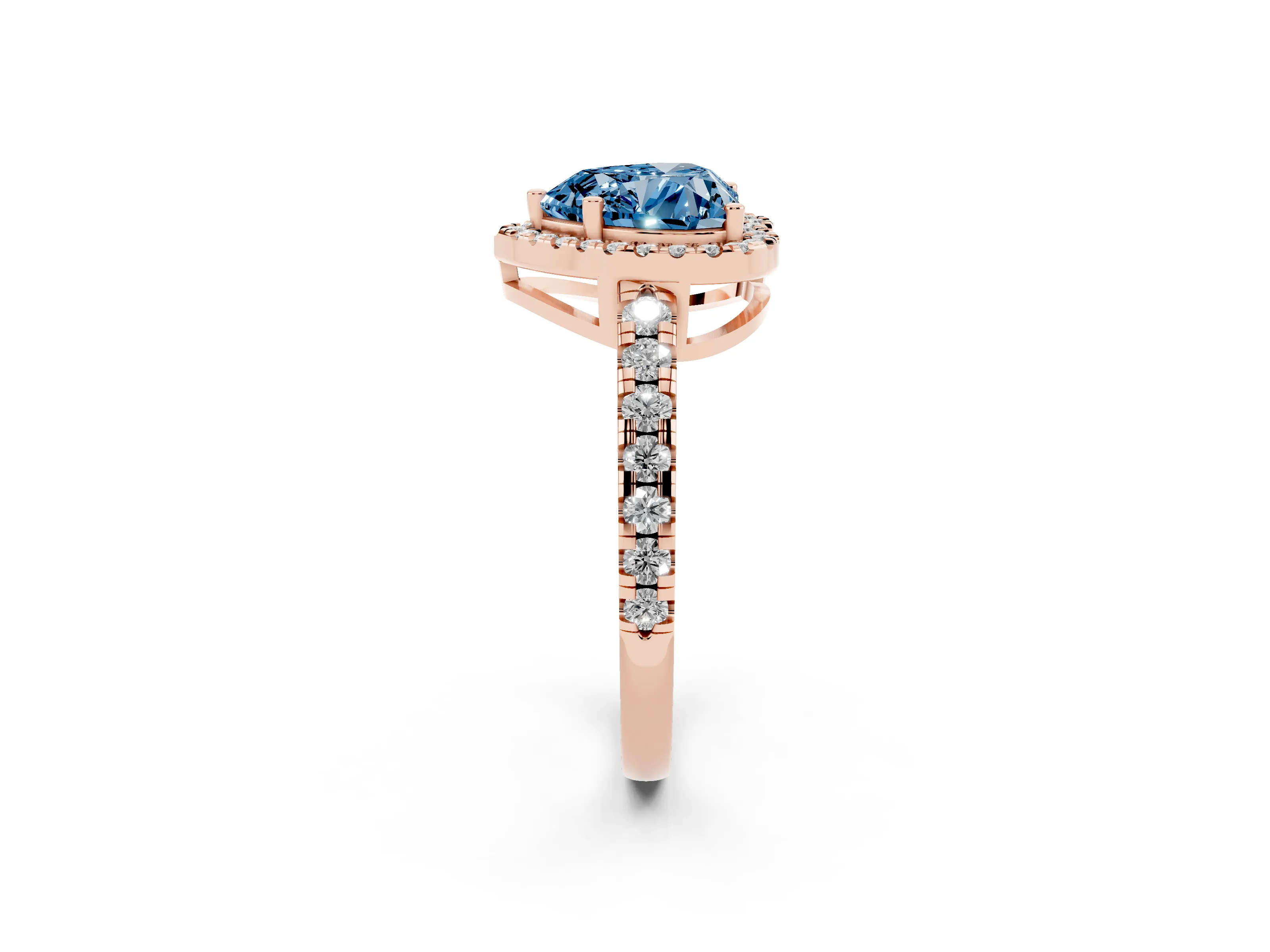 Fancy Blue Heart Cut Diamond Halo Ring Set in Rose gold with Delicate Pavé Band and Prong Setting