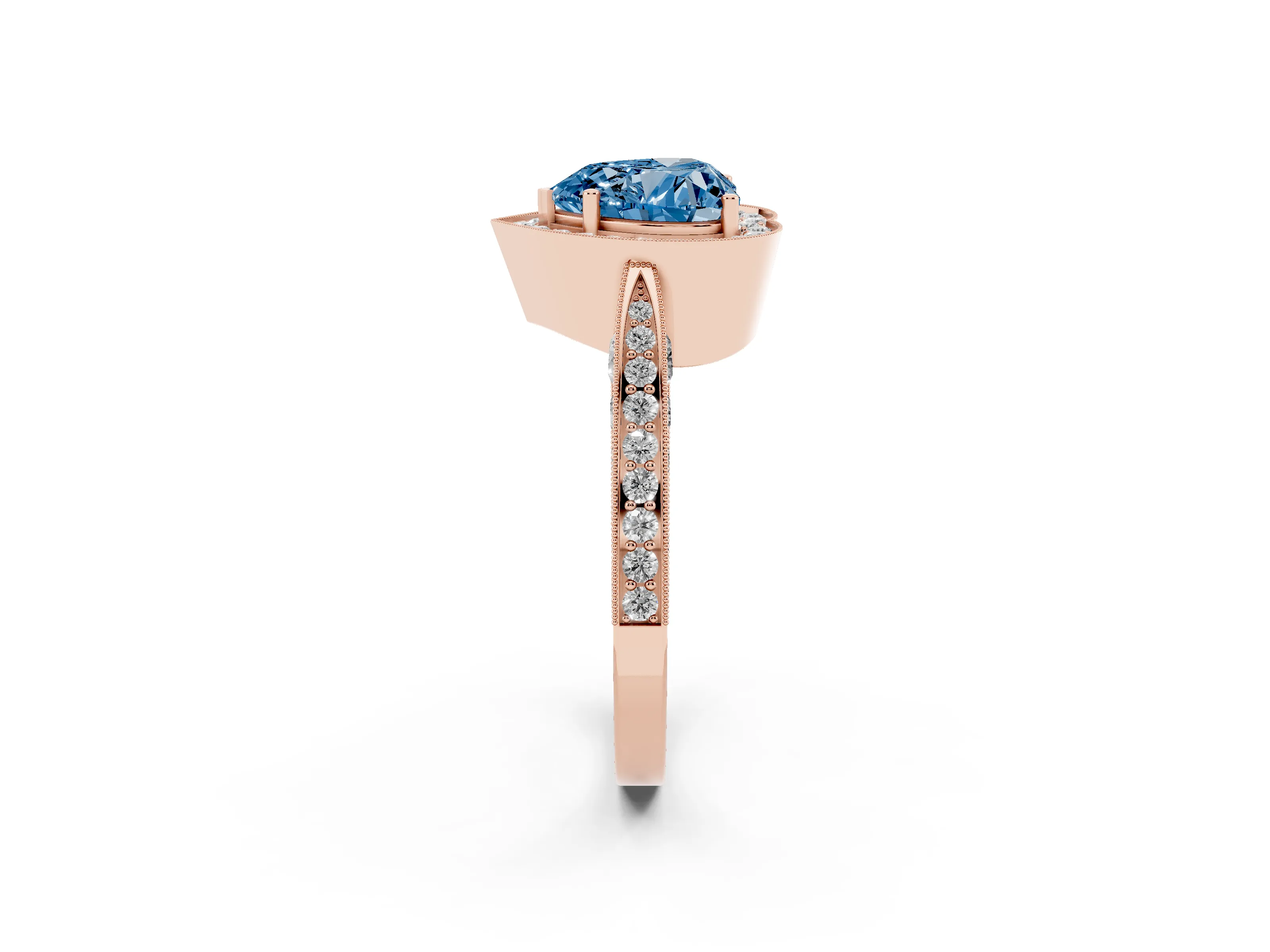 Fancy Blue Heart Cut Diamond Halo Engagement Ring Set in Rose gold with Accent Split Shank Band