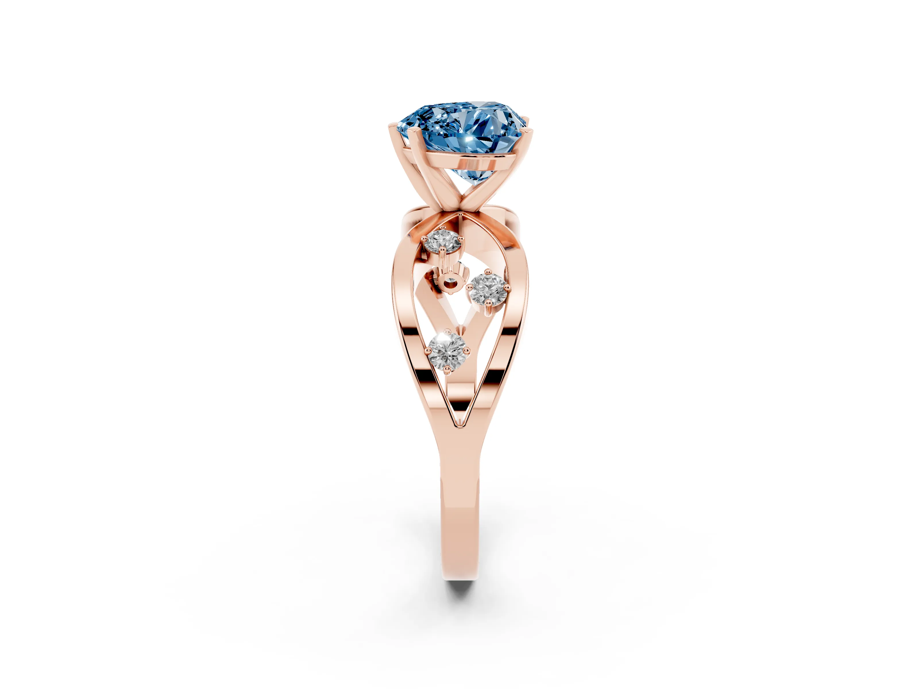 Fancy Blue Heart Cut Diamond Solitaire Ring Set in Rose gold with Side Stones on Criss-Cross Band and Prong Setting