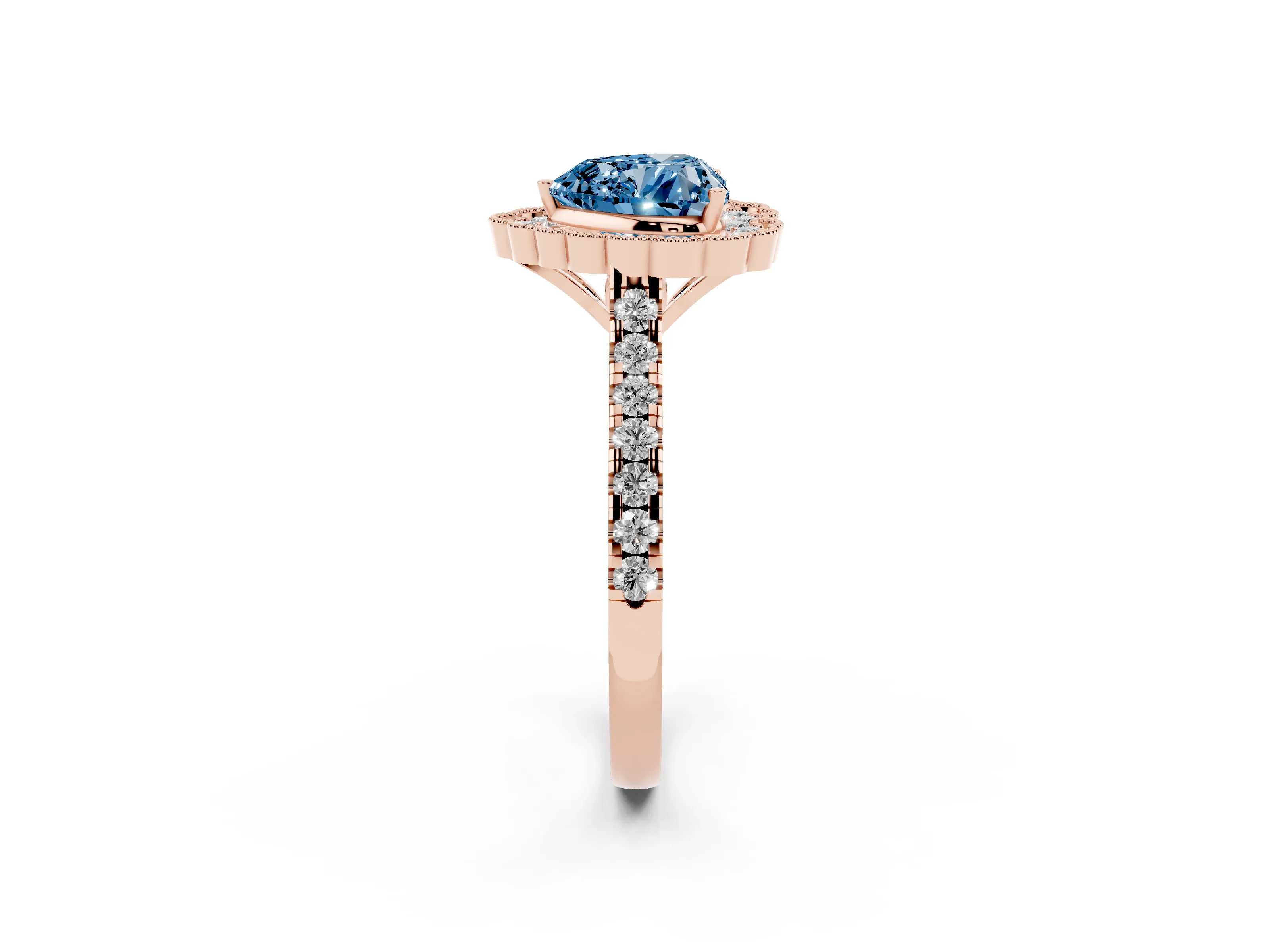 Fancy Blue Heart Cut Diamond Milgrain Floral Halo Engagement Ring Set in Rose gold with Pavé Band