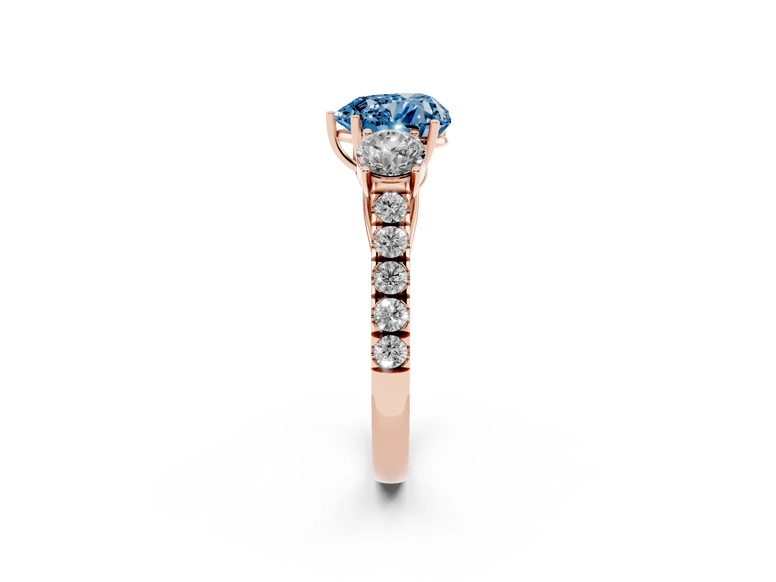 Fancy Blue Heart Cut Diamond Three-Stone Ring Set in Rose gold with Round Side Stones and Delicate Pavé Band