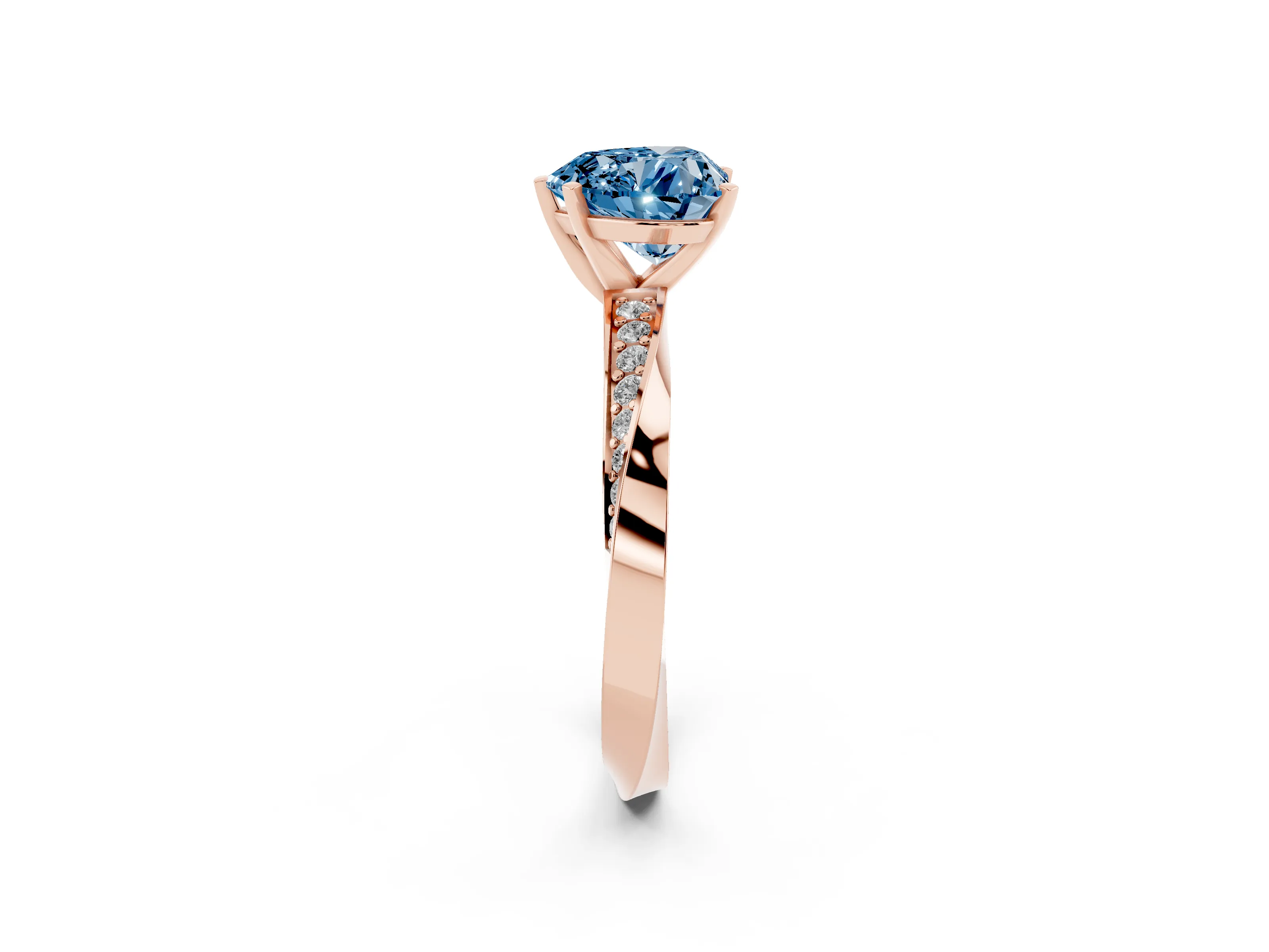 Fancy Blue Heart Cut Diamond Engagement Ring Set in Rose gold with Side Stone Accents and Prong Setting