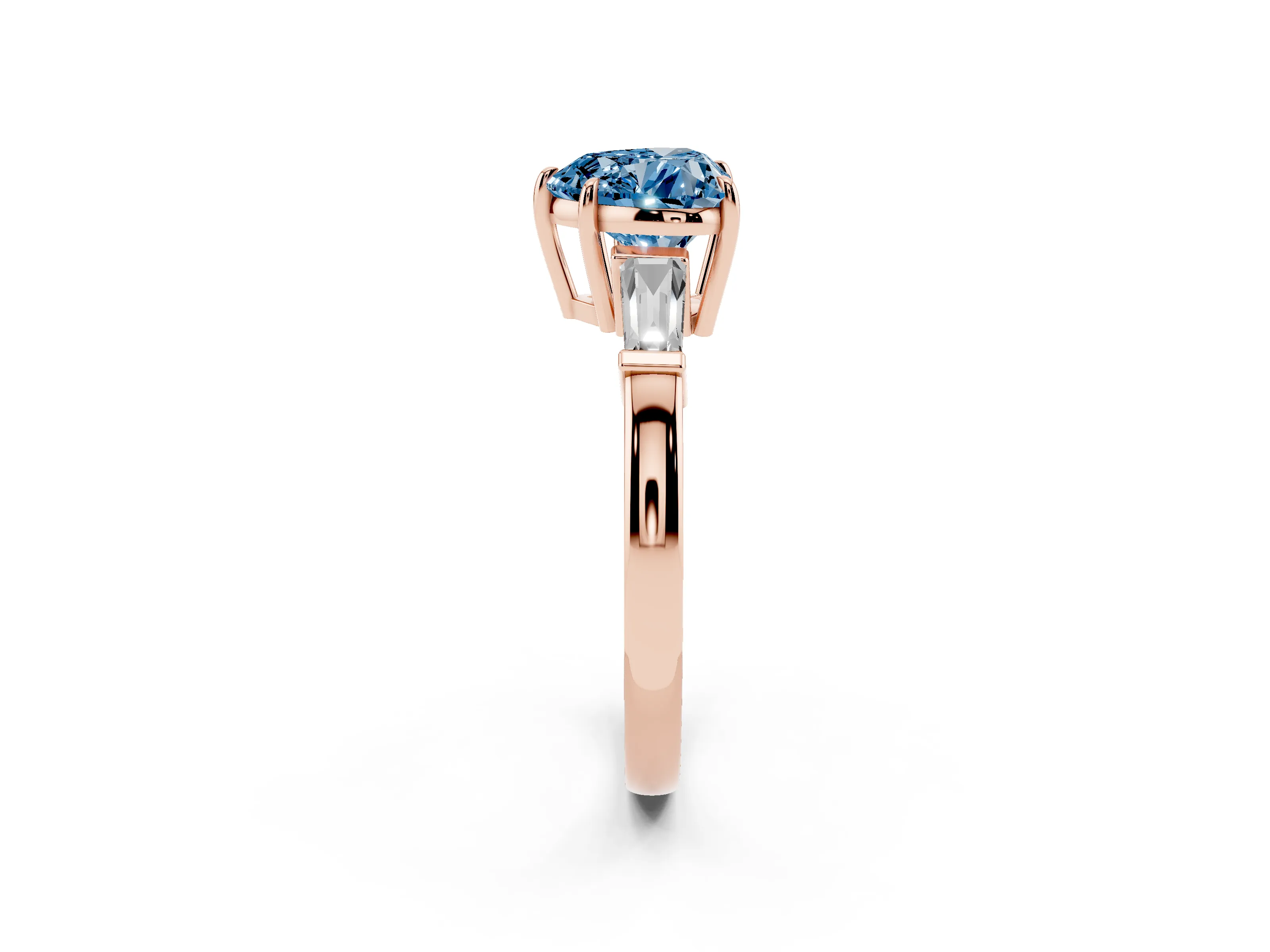 Fancy Blue Heart Cut Diamond Three-Stone Ring Set in Rose gold with Tapered Baguette Side Stones and Prong Setting