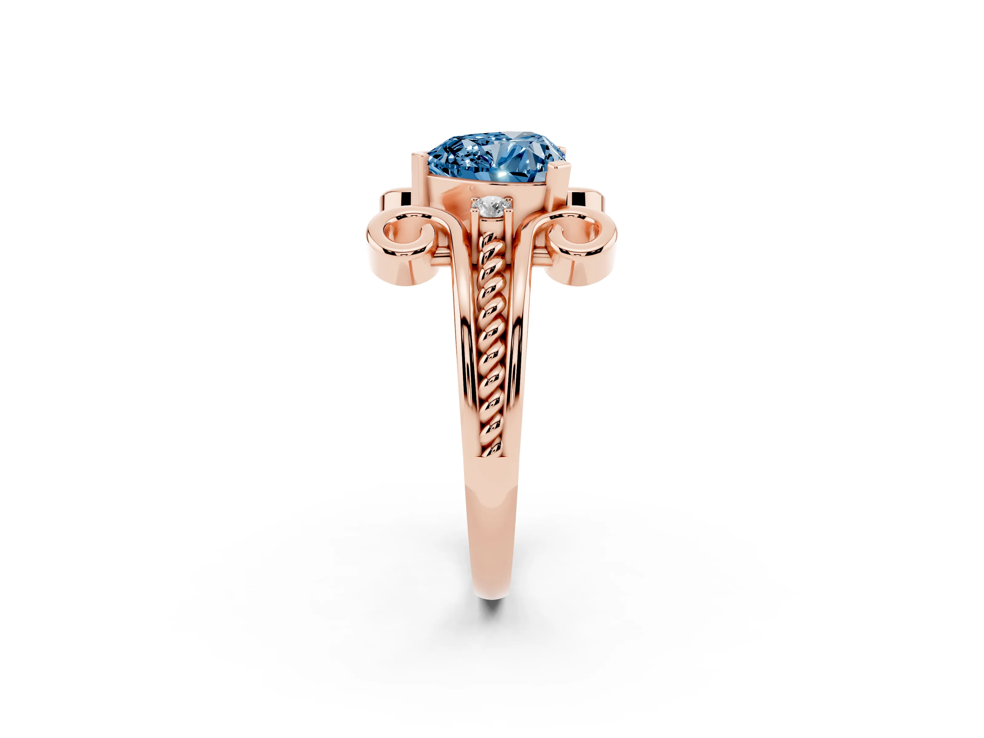 Fancy Blue Heart Cut Diamond Twisted Band Solitaire Ring Set in Rose gold with Scroll Prongs