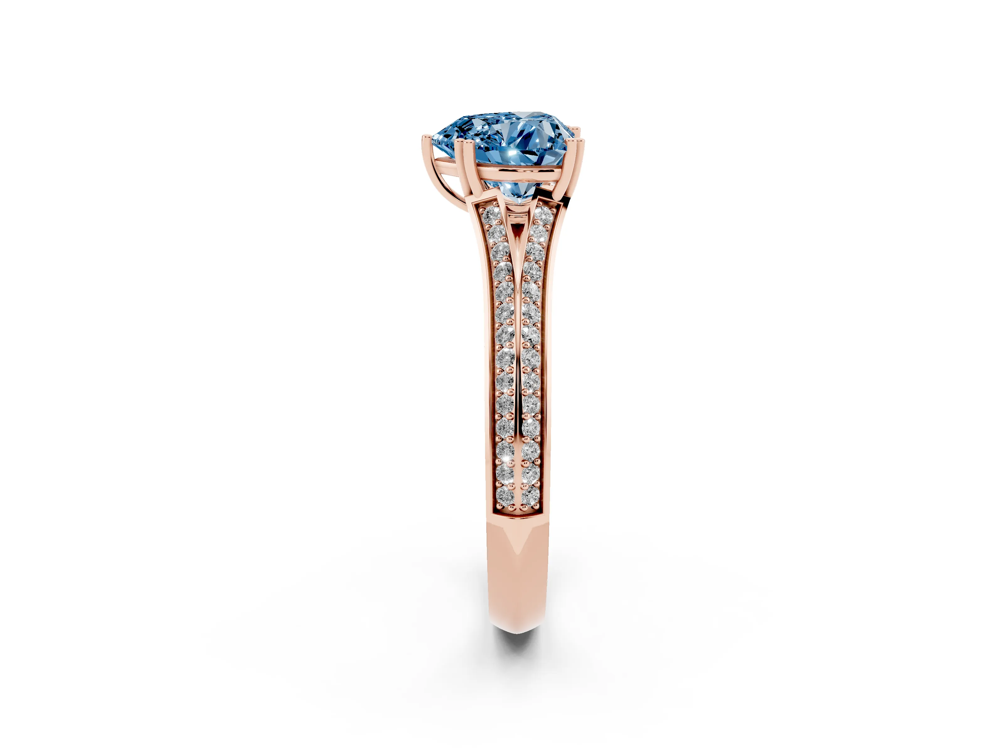 Fancy Blue Heart Cut Diamond Split Shank Pavé Engagement Ring Set in Rose gold with Prong-Set Center Stone