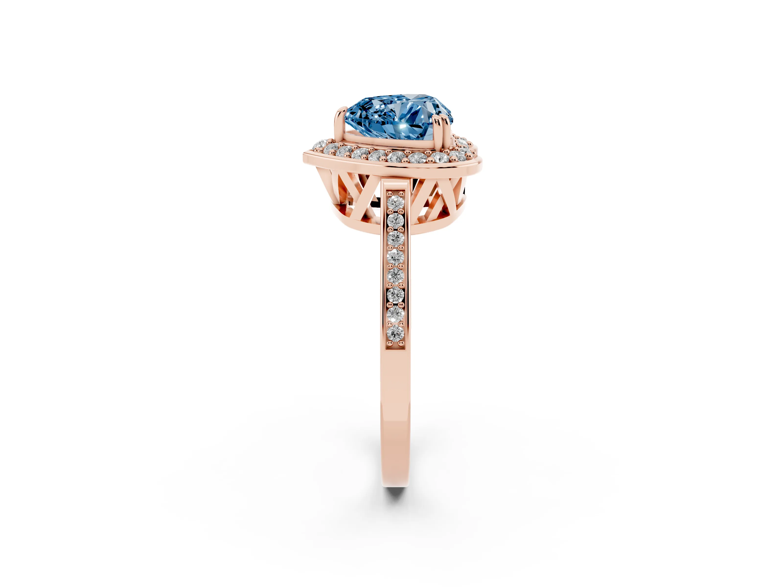 Fancy Blue Heart Cut Diamond Halo Ring Set in Rose gold with Accent-Lined Split Shank and Prong Setting