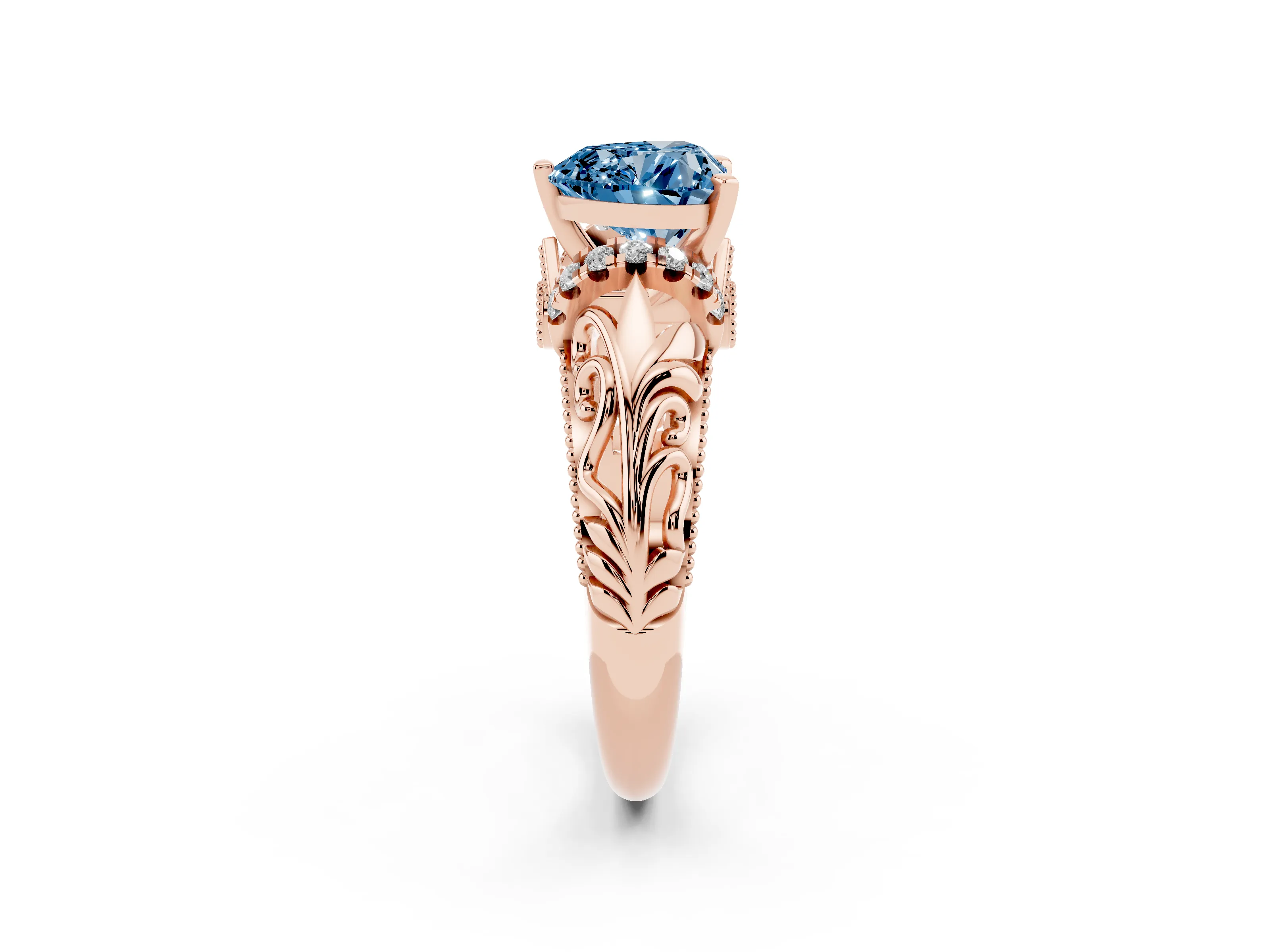Fancy Blue Heart Cut Diamond Filigree Halo Engagement Ring Set in Rose gold with Prong Setting