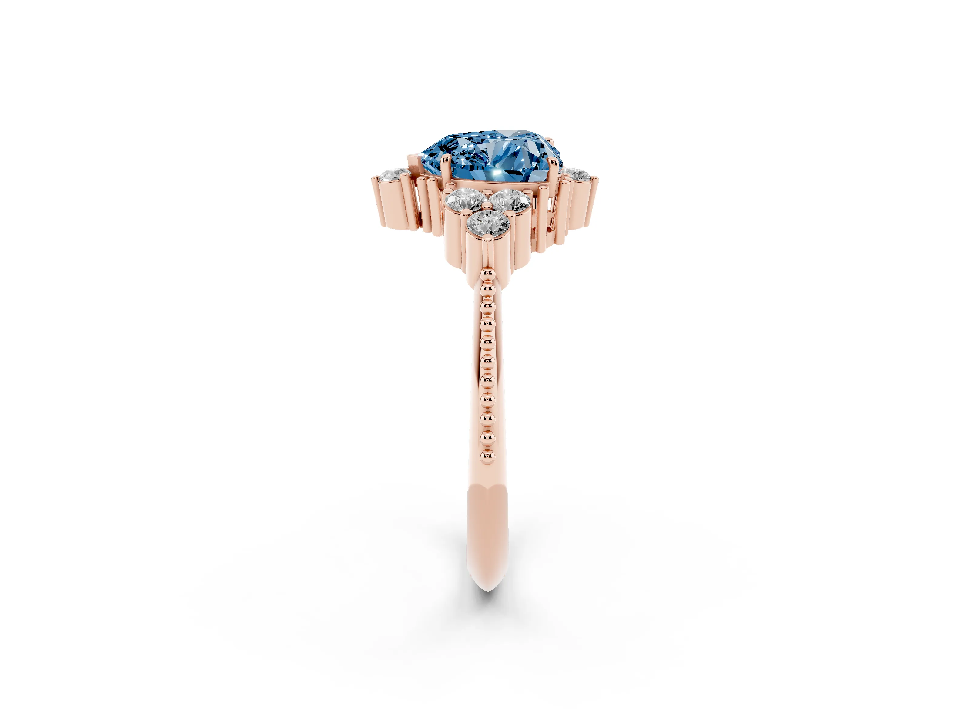 Fancy Blue Heart Cut Diamond Cluster Ring Set in Rose gold with Beaded Band