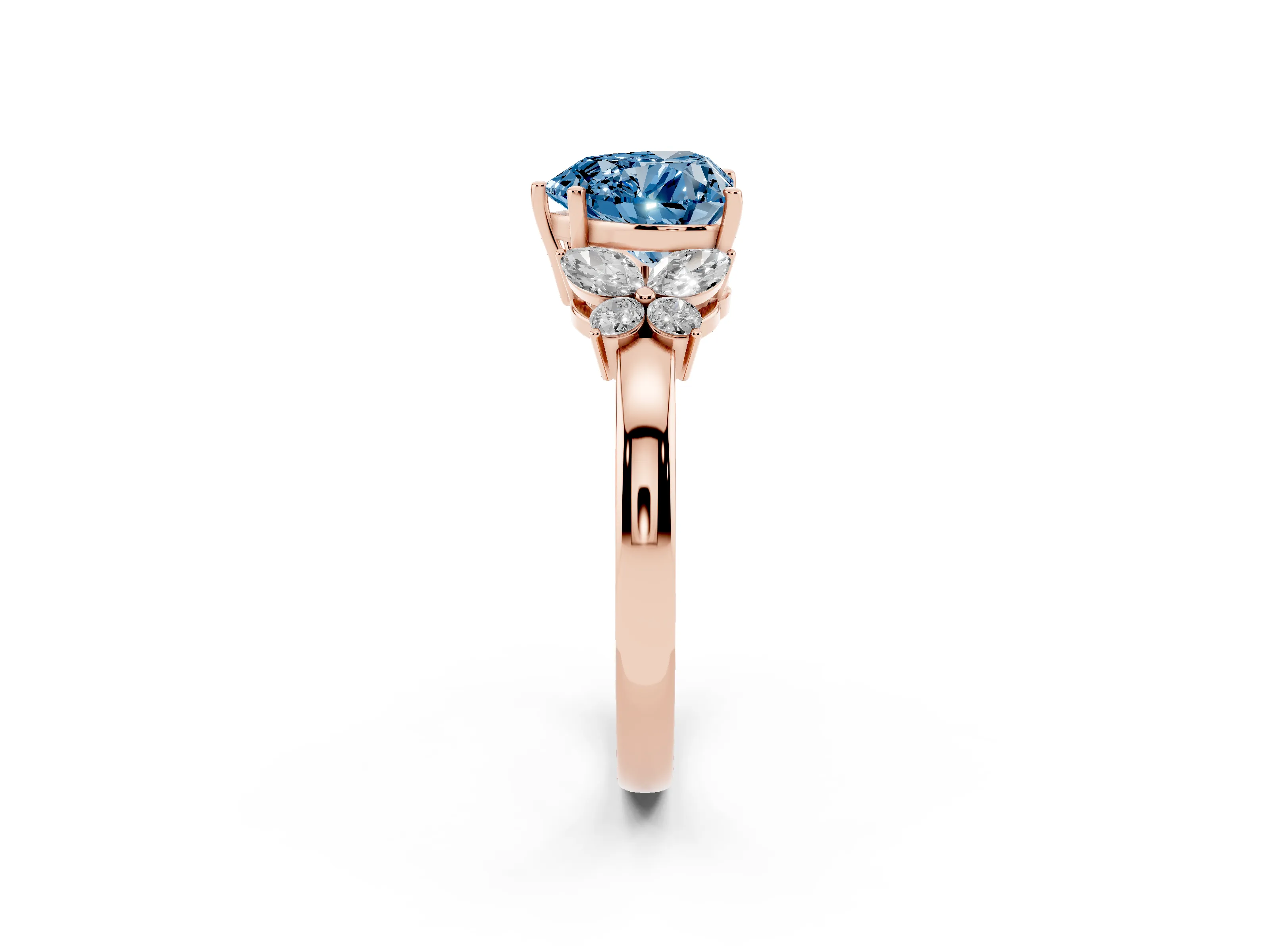 Fancy Blue Heart Cut Diamond Solitaire Floral Ring Set in Rose gold with Marquise Petals and Prong Setting