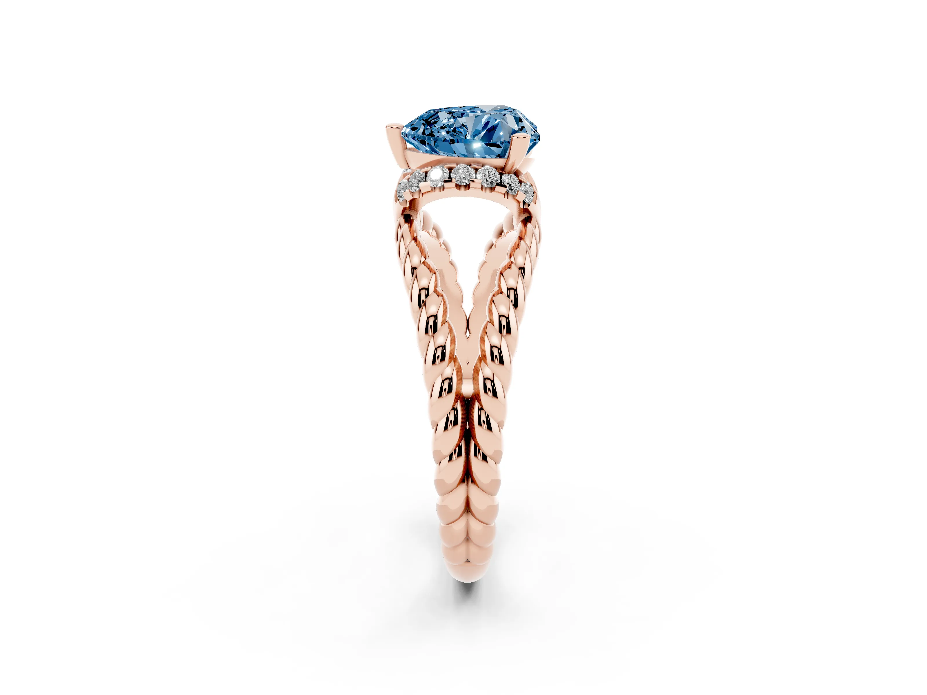 Fancy Blue Heart Cut Diamond Halo Ring Set in Rose gold with Twisted Band and Prong Setting