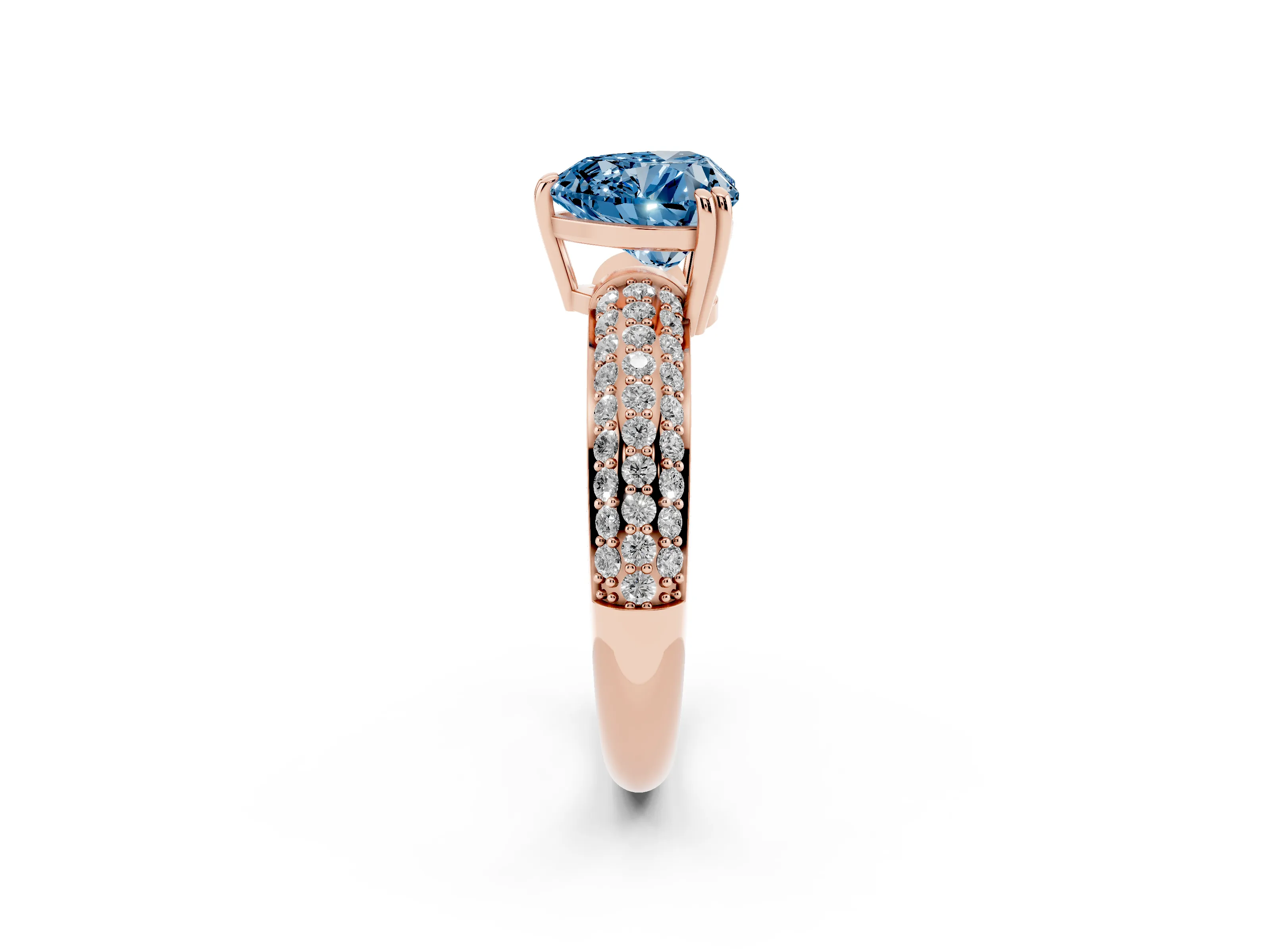 Fancy Blue Heart Cut Diamond Solitaire Ring Set in Rose gold with Multi-Row Round Pavé Band and Prong Setting