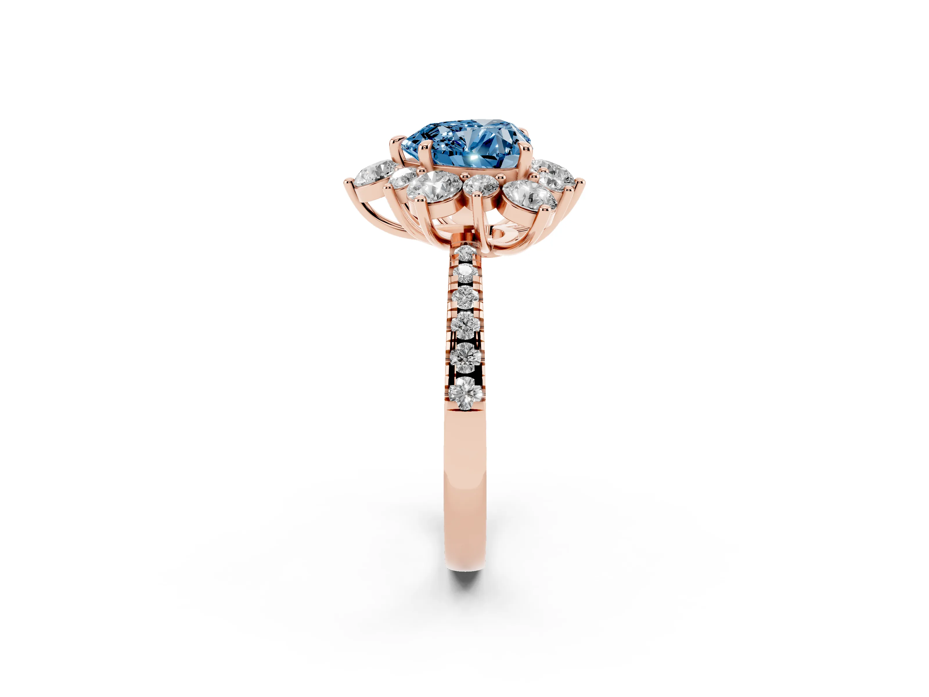 Fancy Blue Heart Cut Diamond Floral Halo Ring Set in Rose gold with Round Pavé Band and Prong Setting