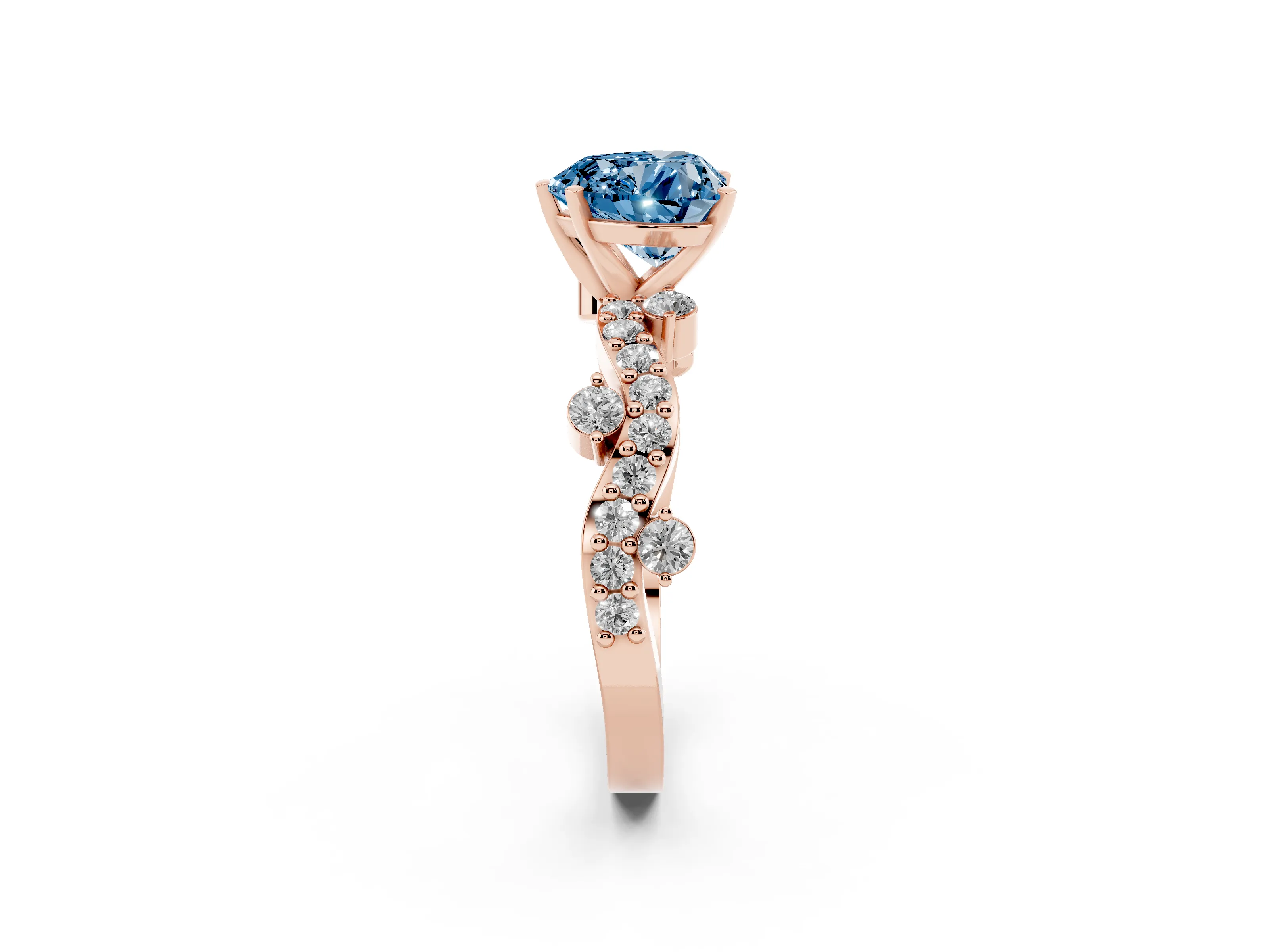 Fancy Blue Heart Cut Diamond Solitaire Twisted Band Set in Rose gold with Pavé Setting