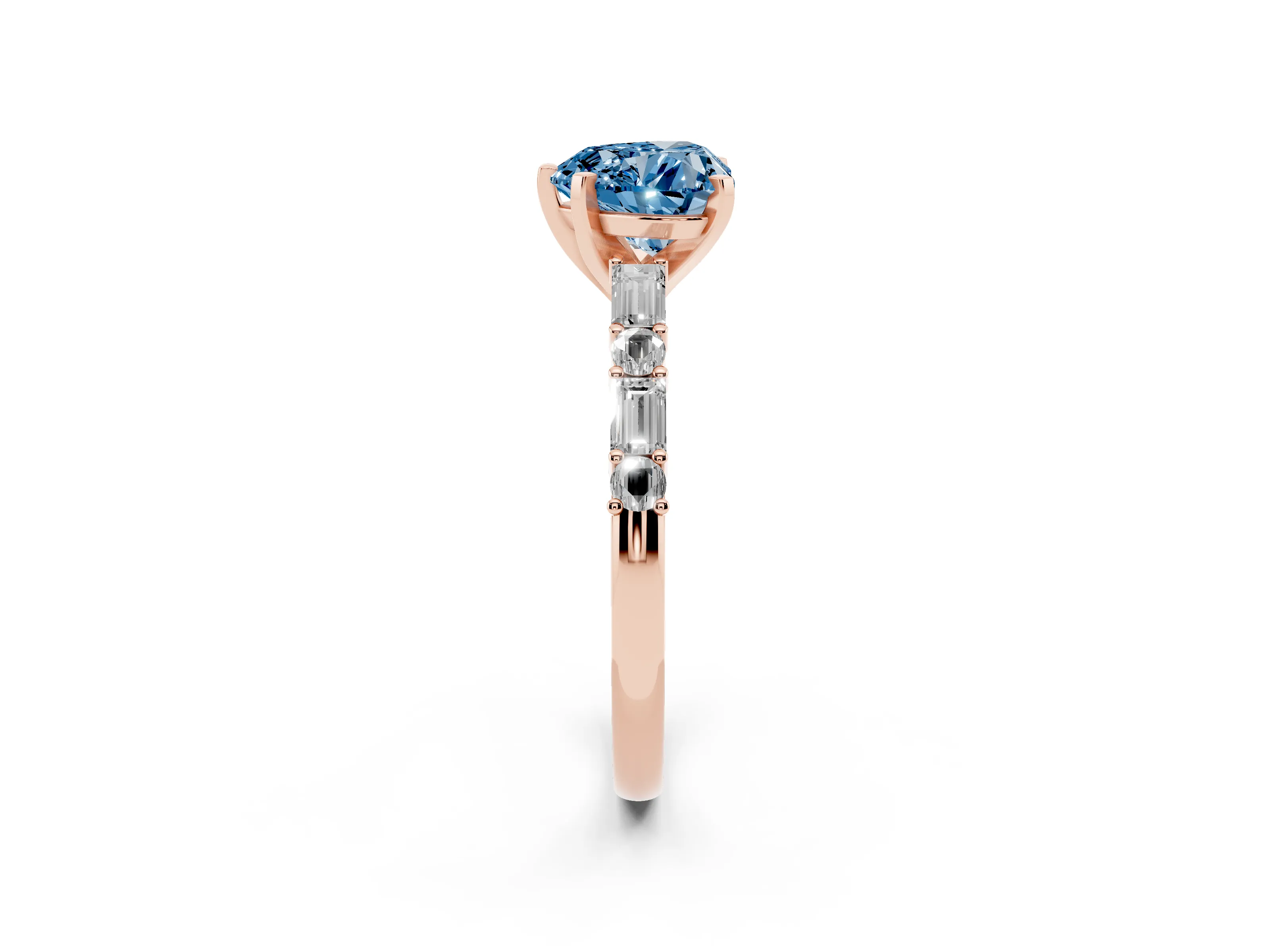 Fancy Blue Heart Cut Diamond Solitaire Set in Rose gold with Side Baguettes and Channel Set Band