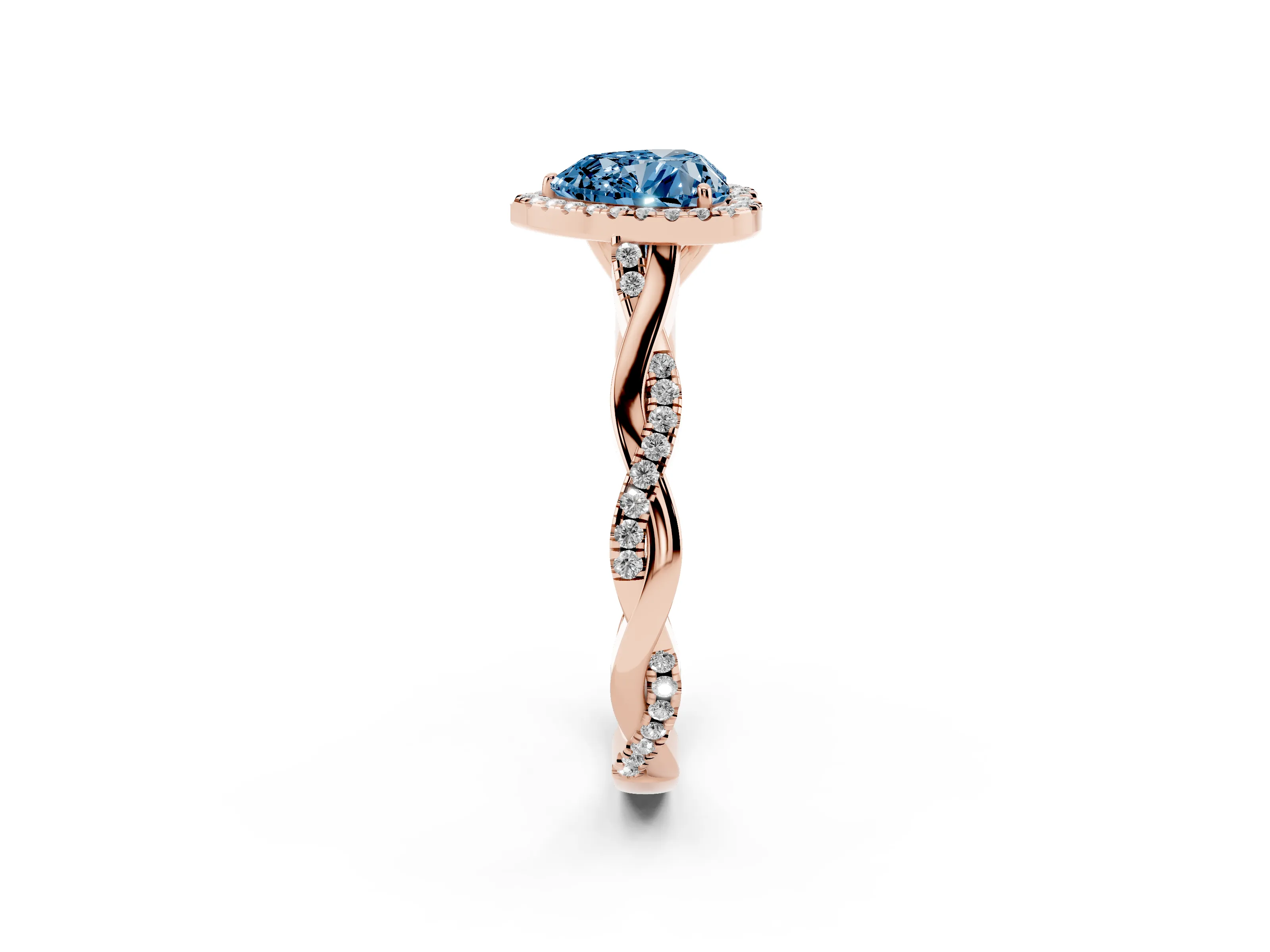 Fancy Blue Heart Cut Diamond Halo Twist Band Solitaire Ring Set in Rose gold with Prong Setting