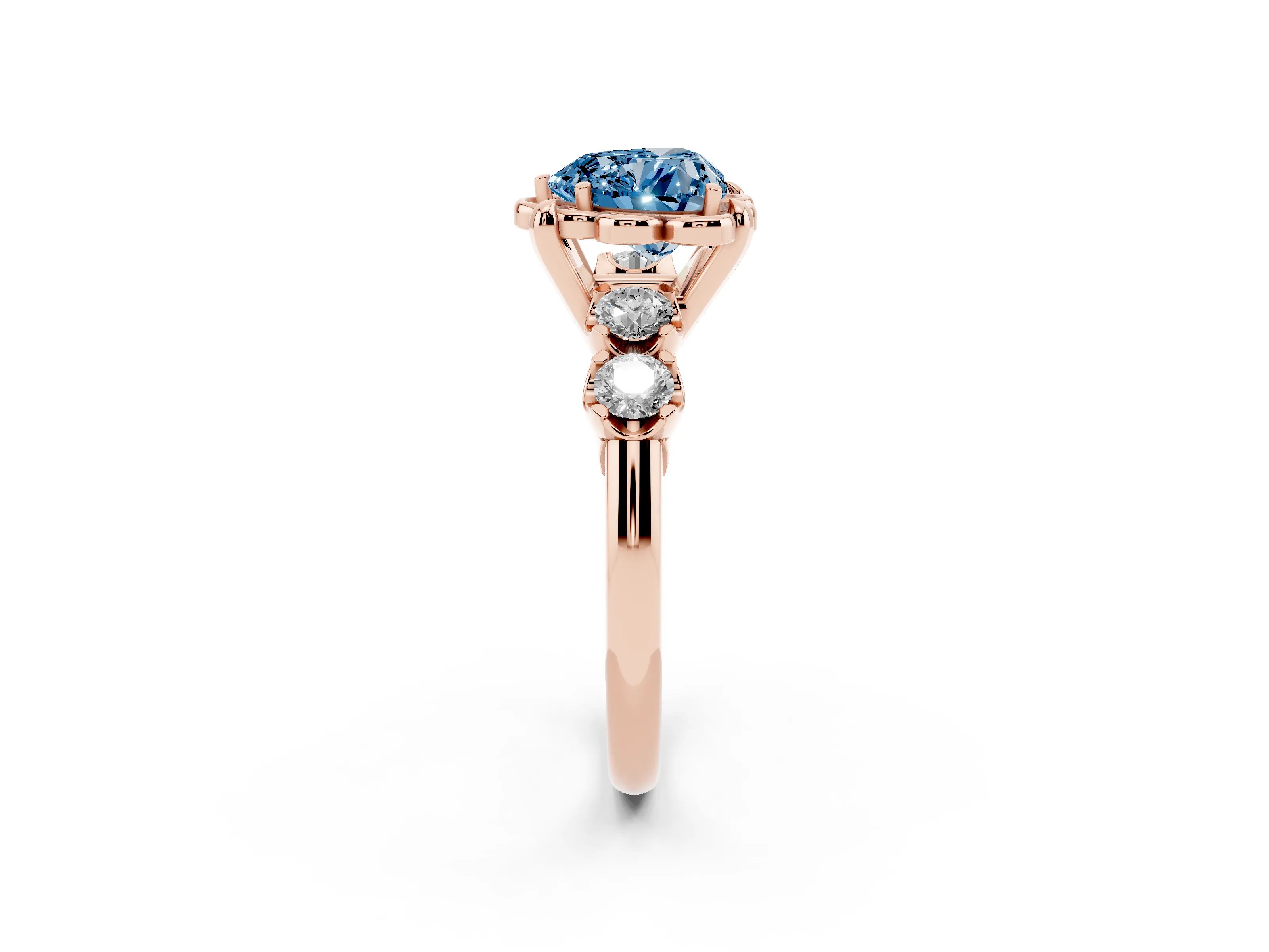 Fancy Blue Heart Cut Diamond Floral Halo Ring Set in Rose gold with Shared Prong Band