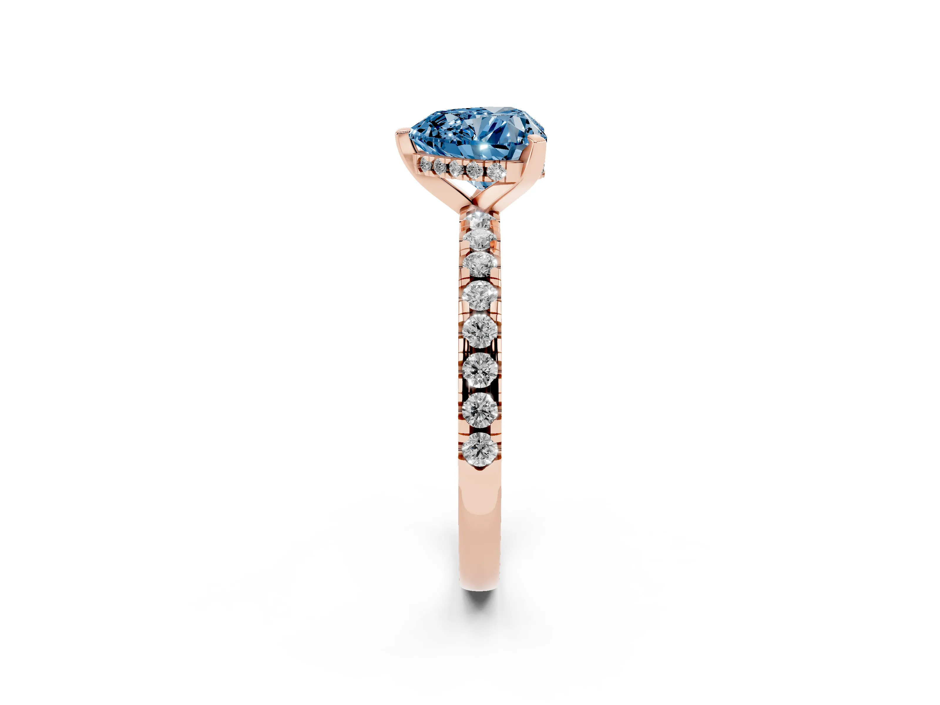 Fancy Blue Heart Cut Diamond Pavé Solitaire Ring Set in Rose gold with Round Band Accents and Prong Setting