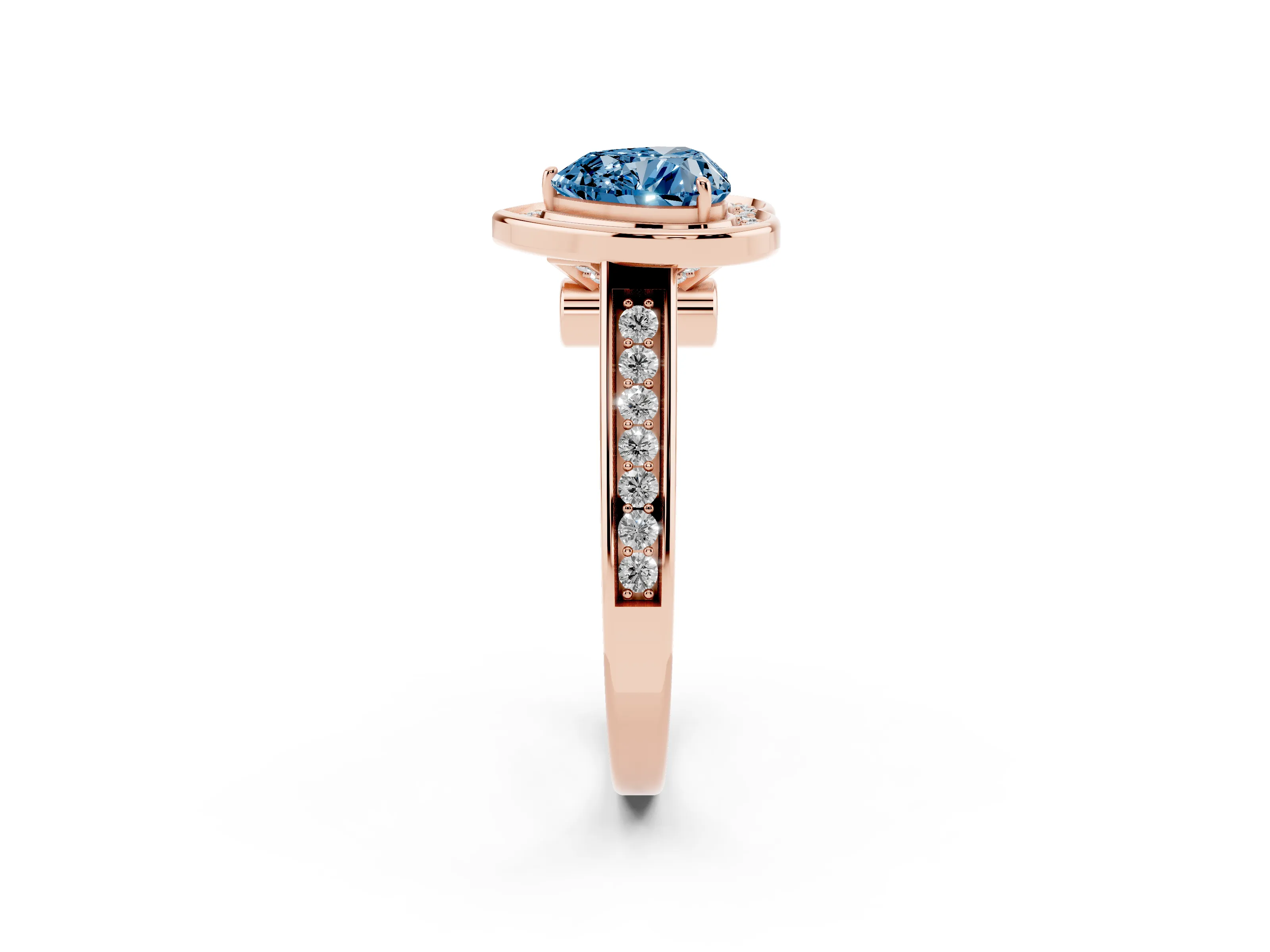 Fancy Blue Heart Cut Diamond Halo Solitaire Ring Set in Rose gold with Pavé Band and Bezel Setting