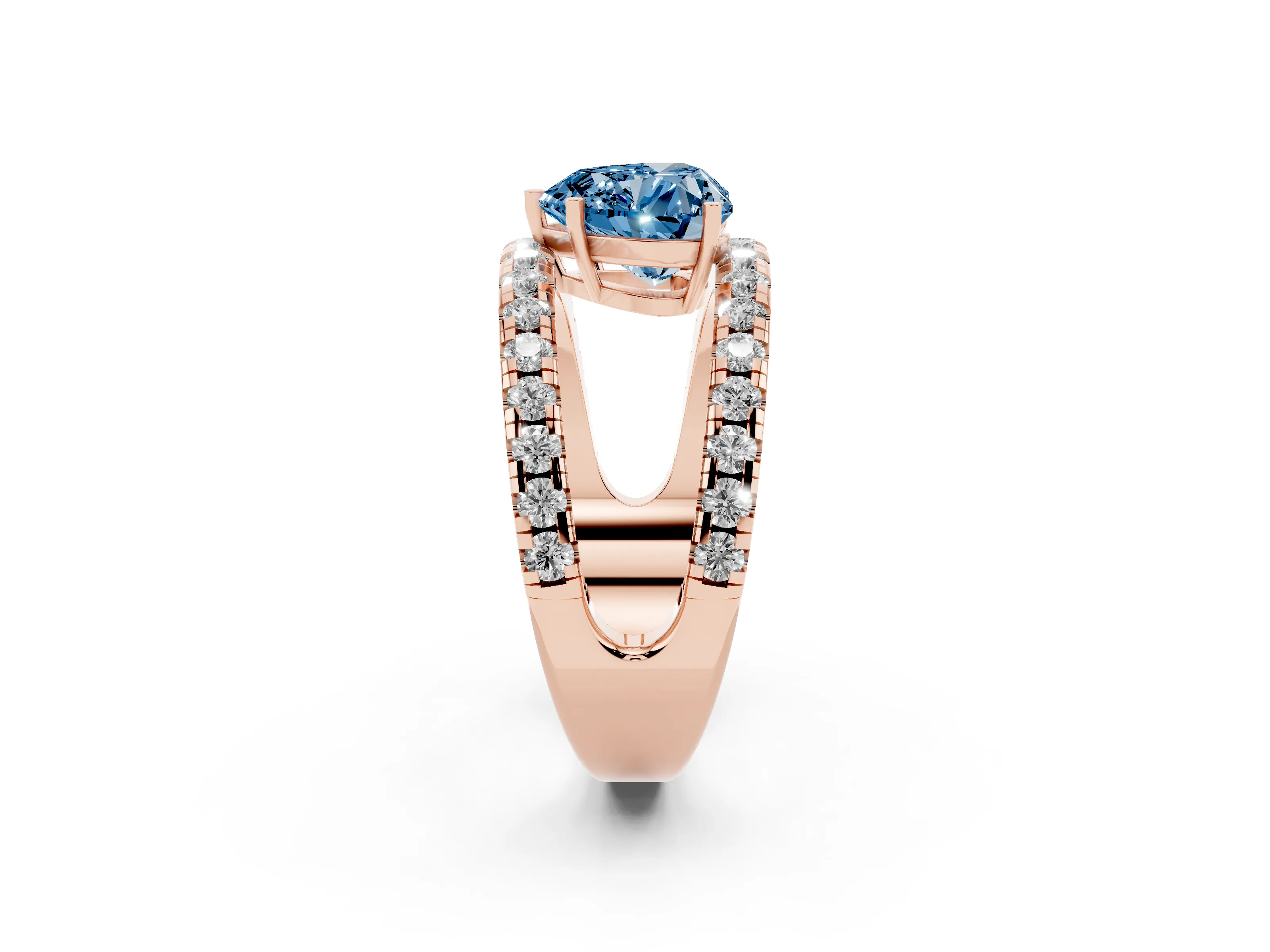 Fancy Blue Heart Cut Diamond Split Shank Pavé Solitaire Ring Set in Rose gold with Open Shank Design