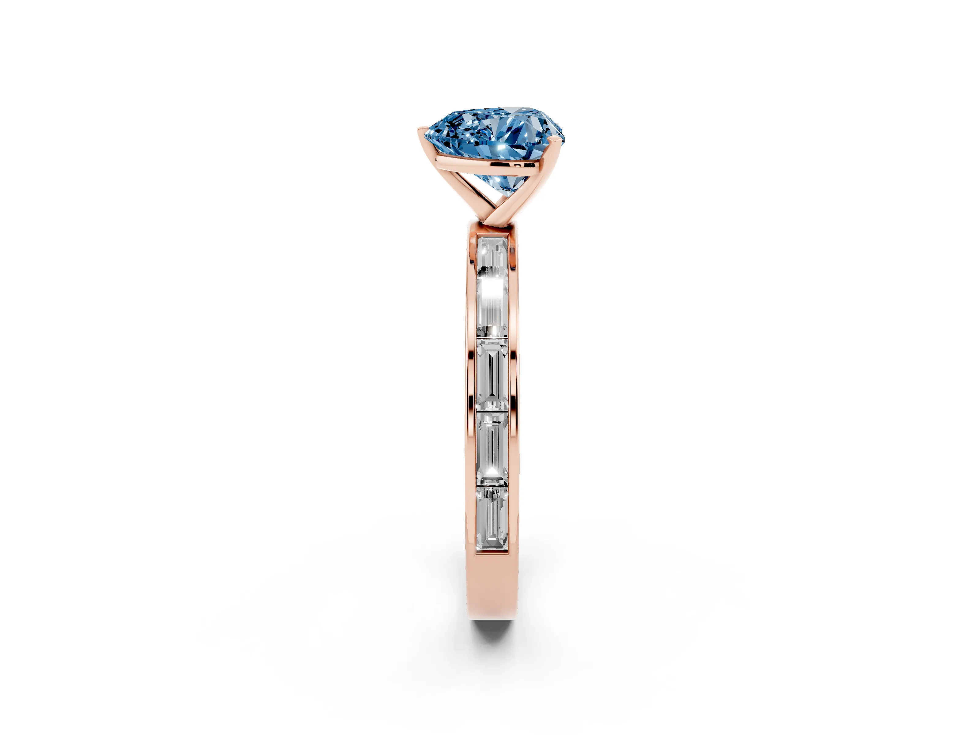 Fancy Blue Heart Cut Diamond Solitaire Ring Set in Rose gold with Channel-Set Baguette Band and Prong Setting