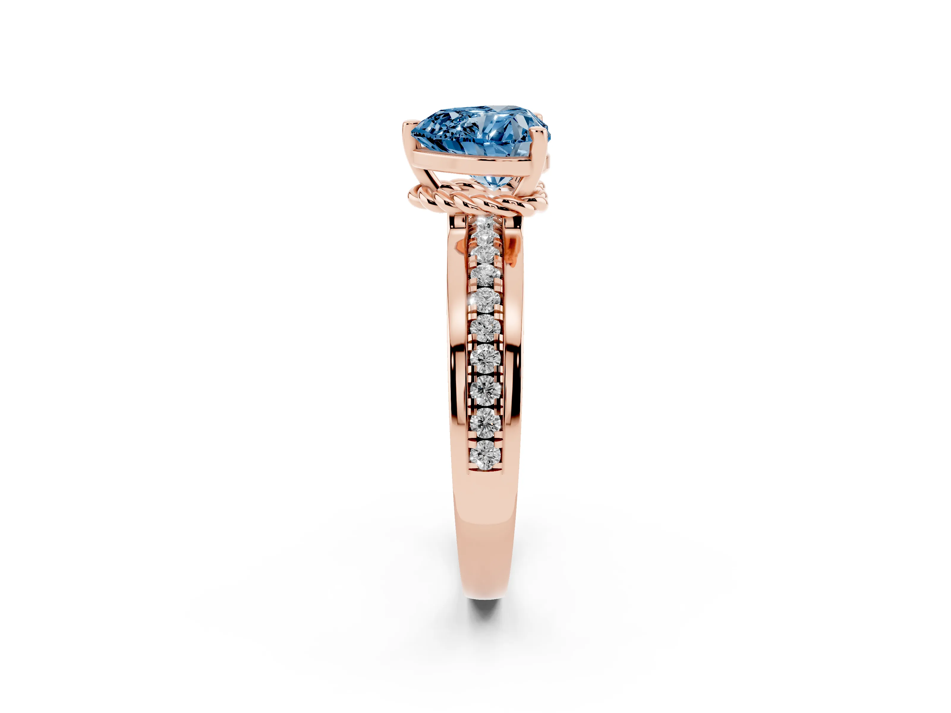 Fancy Blue Heart Cut Diamond Solitaire Ring Set in Rose gold with Channel Set Band and Prong Setting