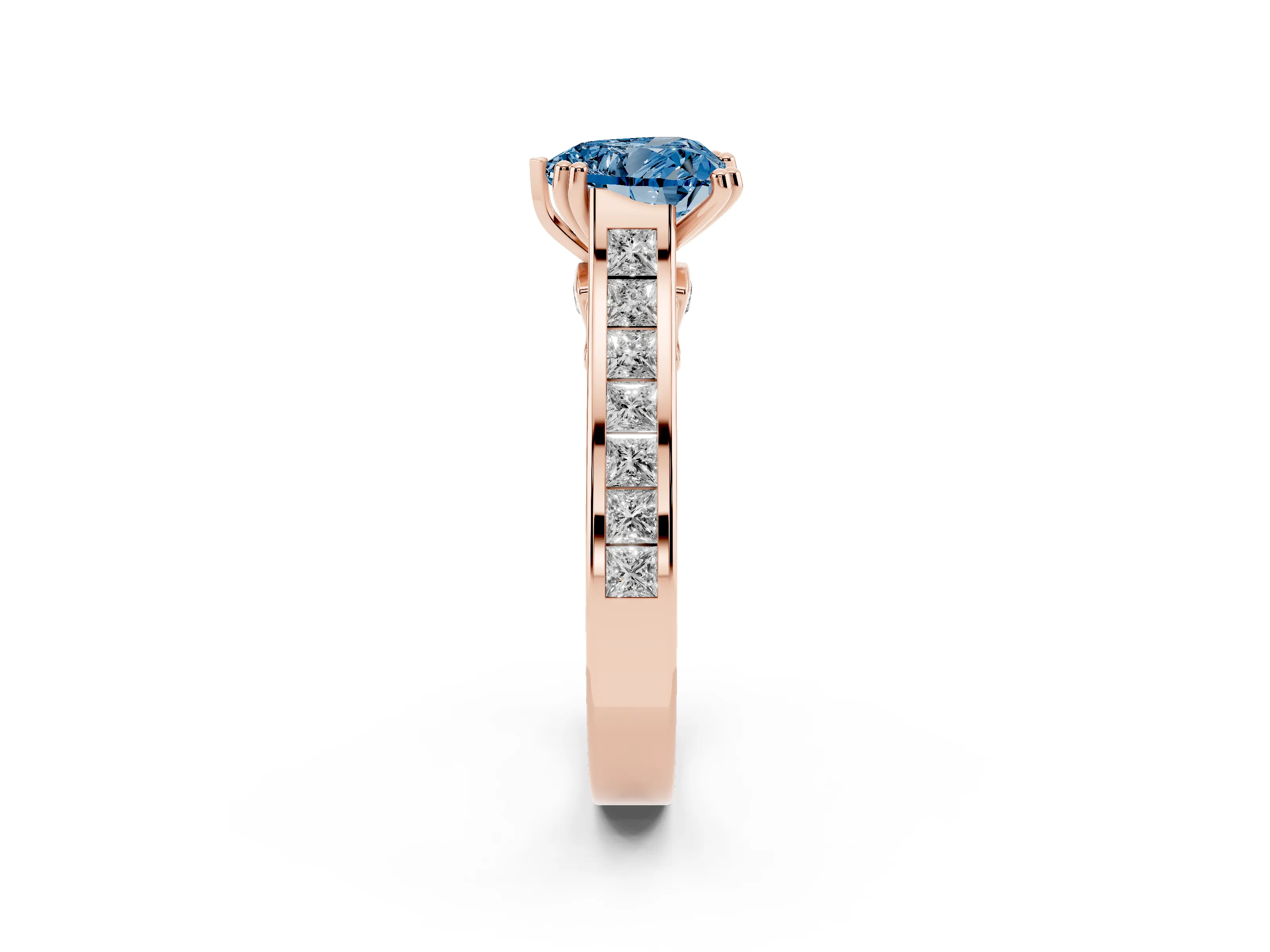 Fancy Blue Heart Cut Diamond Channel Set Solitaire Engagement Ring Set in Rose gold with Prong Setting