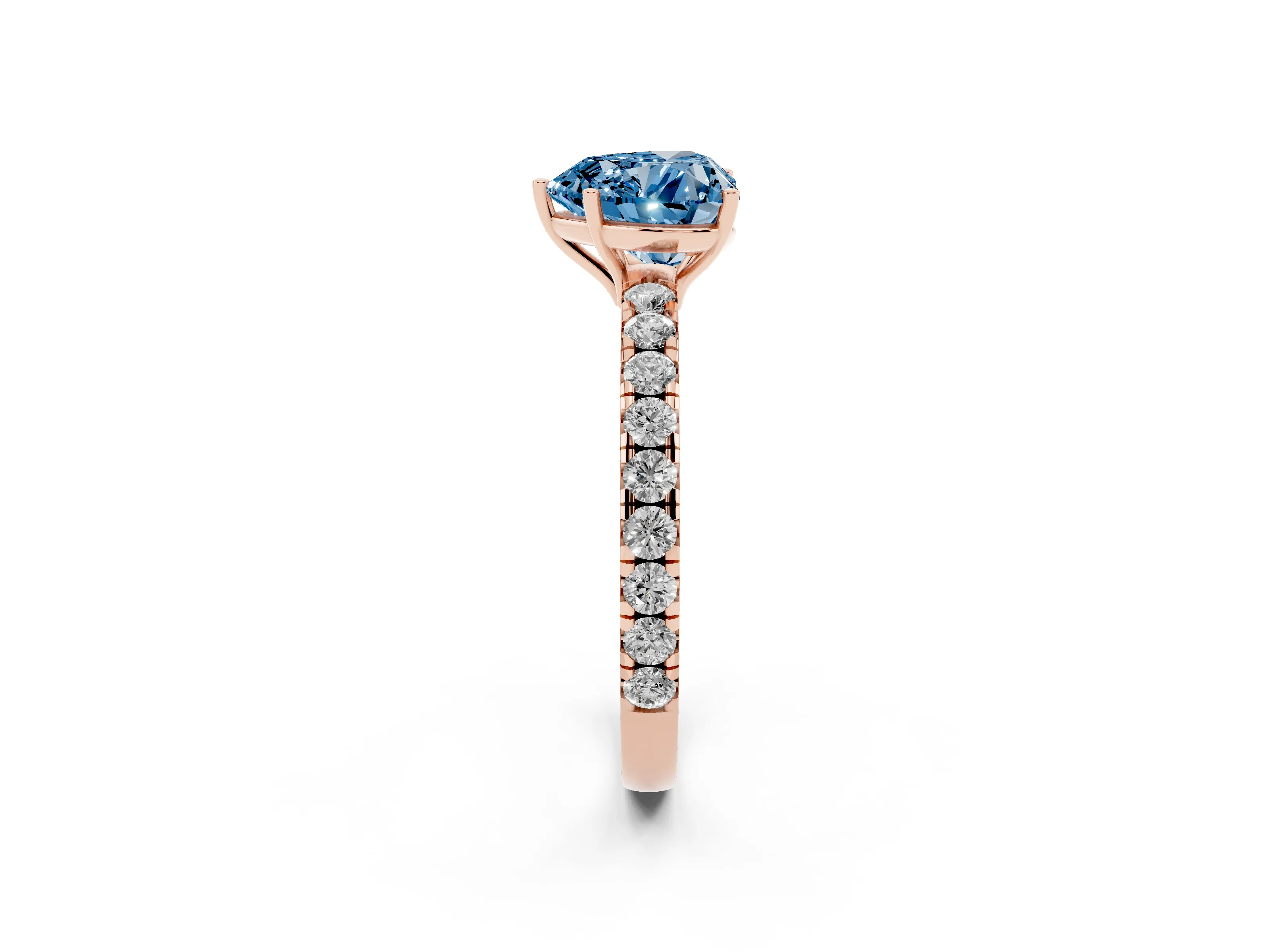 Fancy Blue Heart Cut Diamond Pavé Solitaire Engagement Ring Set in Rose gold with Prong Setting