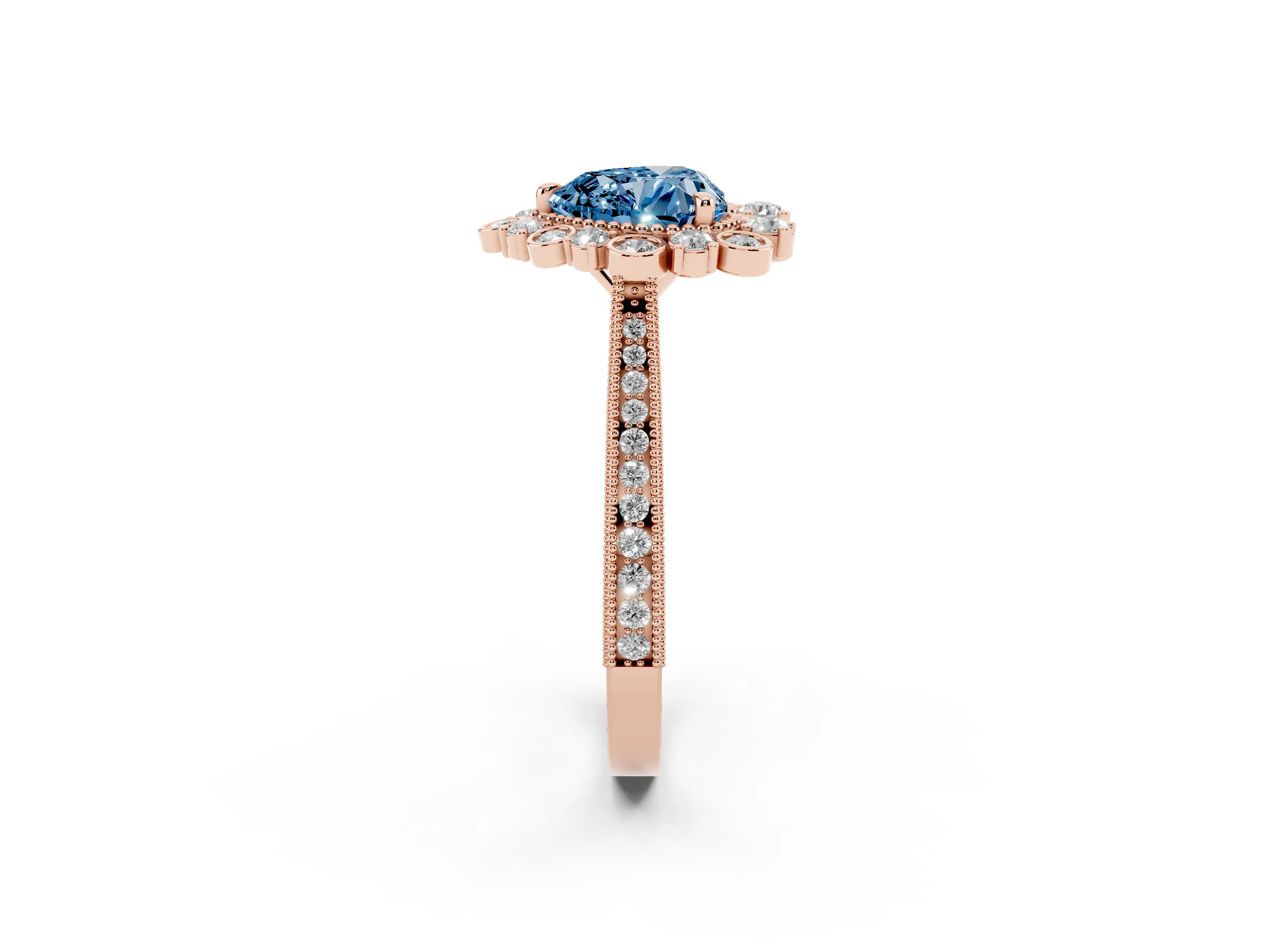 Fancy Blue Heart Cut Diamond Halo Milgrain Pavé Ring Set in Rose gold with Prong Setting