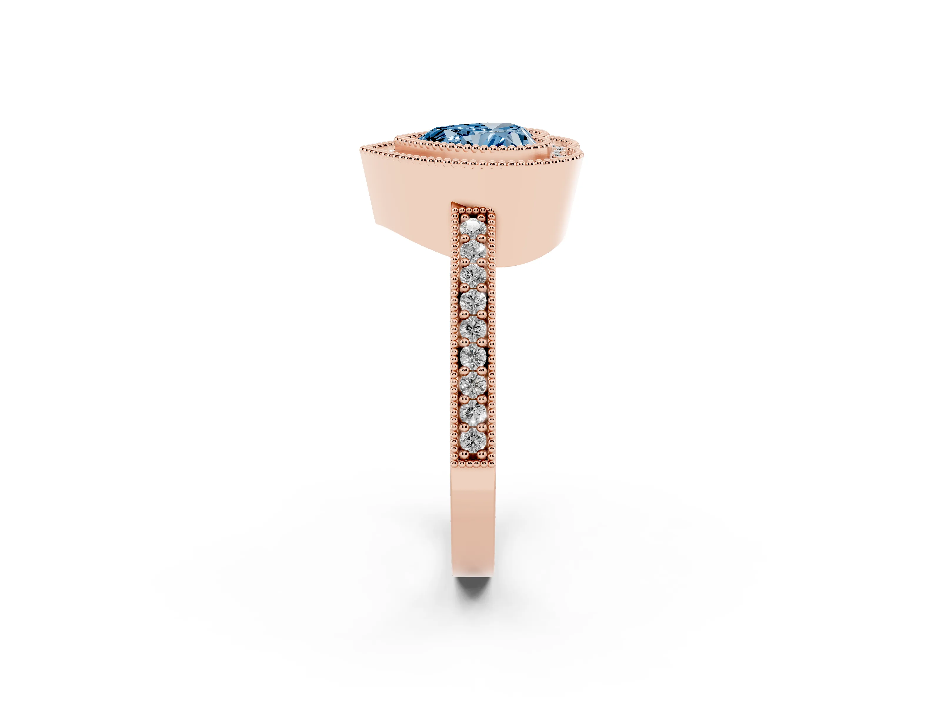 Fancy Blue Heart Cut Diamond Halo Engagement Ring Set in Rose gold with Pavé Band and Round Halo Stones