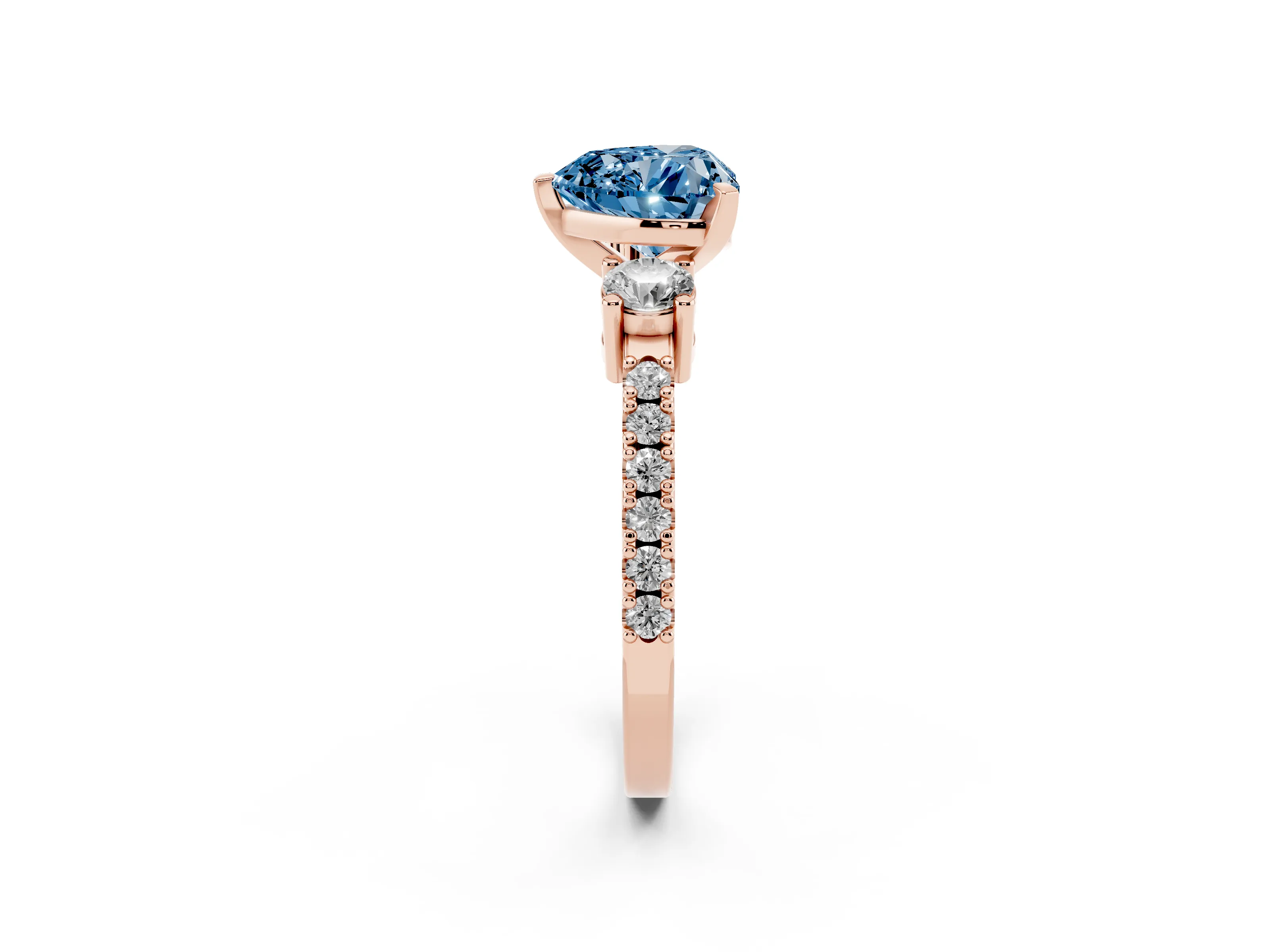 Fancy Blue Three-Stone Heart Cut Diamond Pavé Band Ring Set in Rose gold with Prong Setting