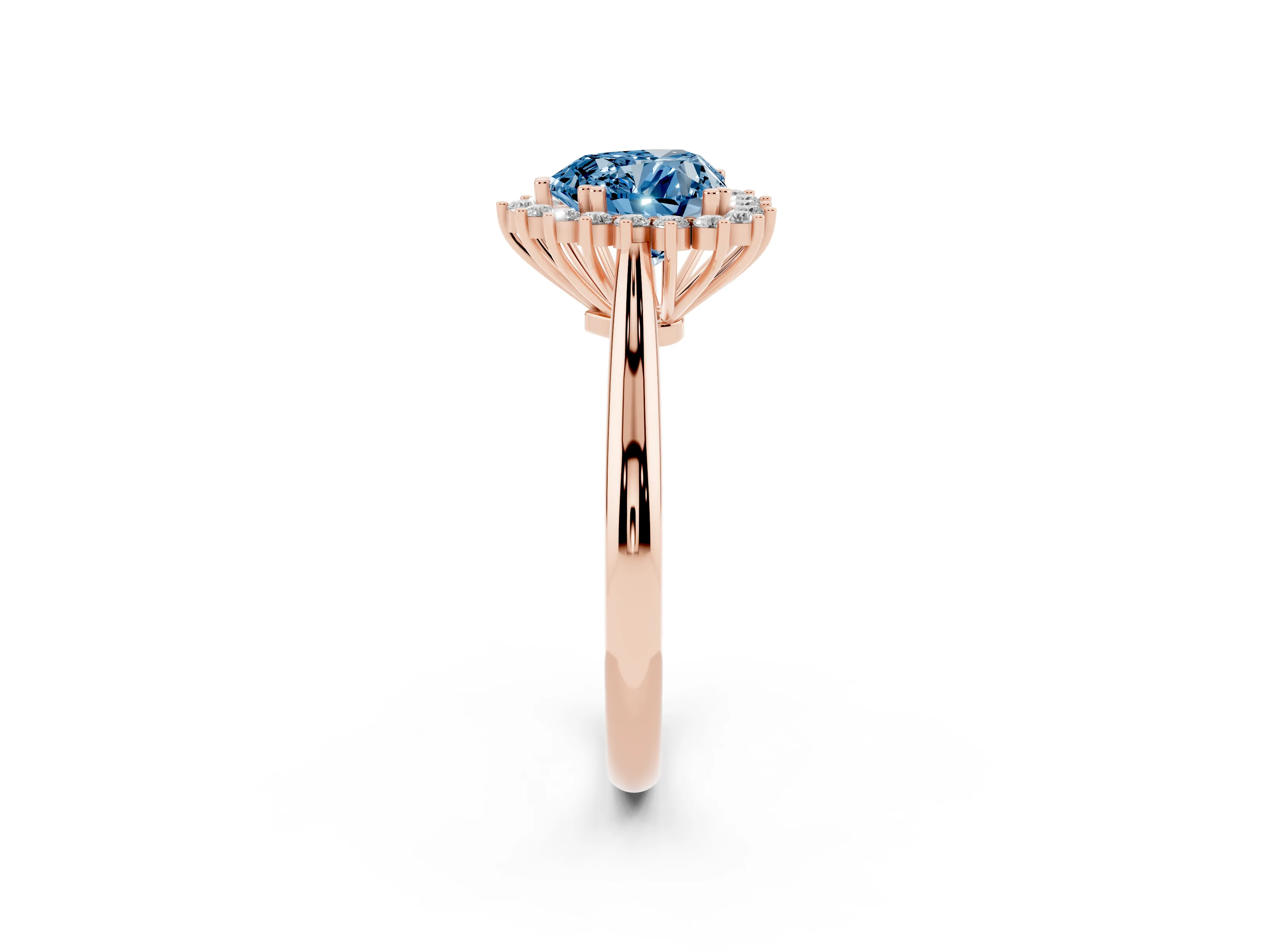 Fancy Blue Heart Cut Diamond Halo Ring Set in Rose gold with Plain Solitaire Band and Prong Setting