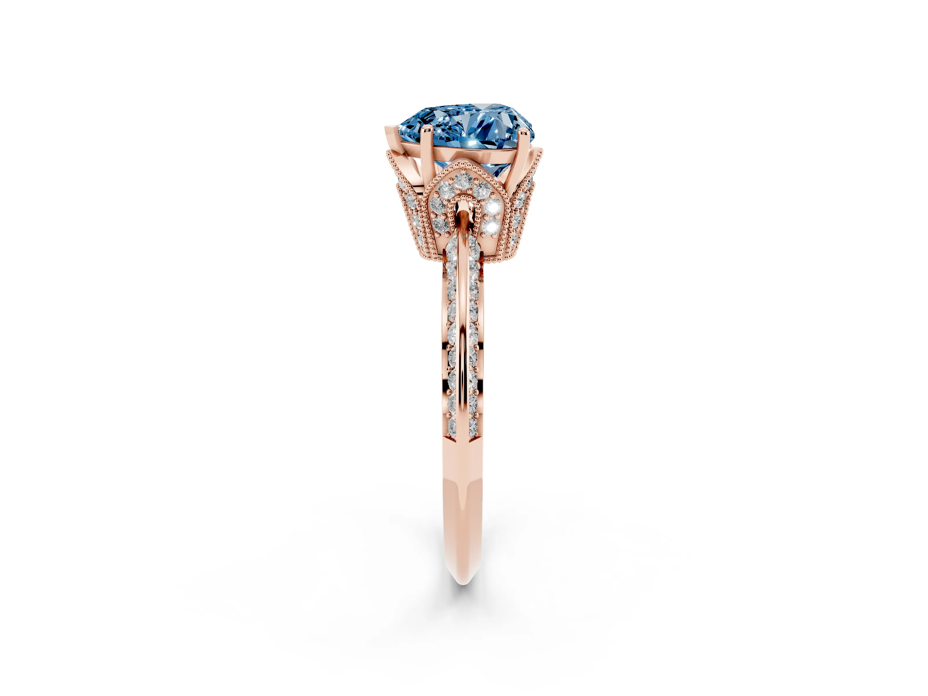Fancy Blue Heart Cut Diamond Solitaire Engagement Ring Set in Rose gold with Pavé Split Shank and Prong Setting