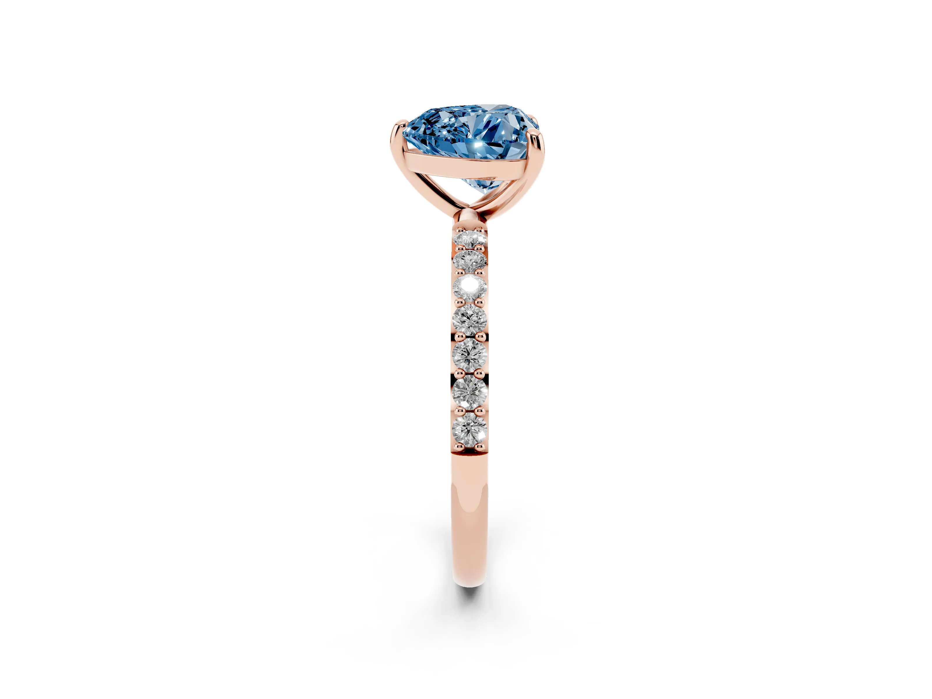 Fancy Blue Heart Cut Diamond Solitaire Ring Set in Rose gold with Round Pavé Band and Prong Setting