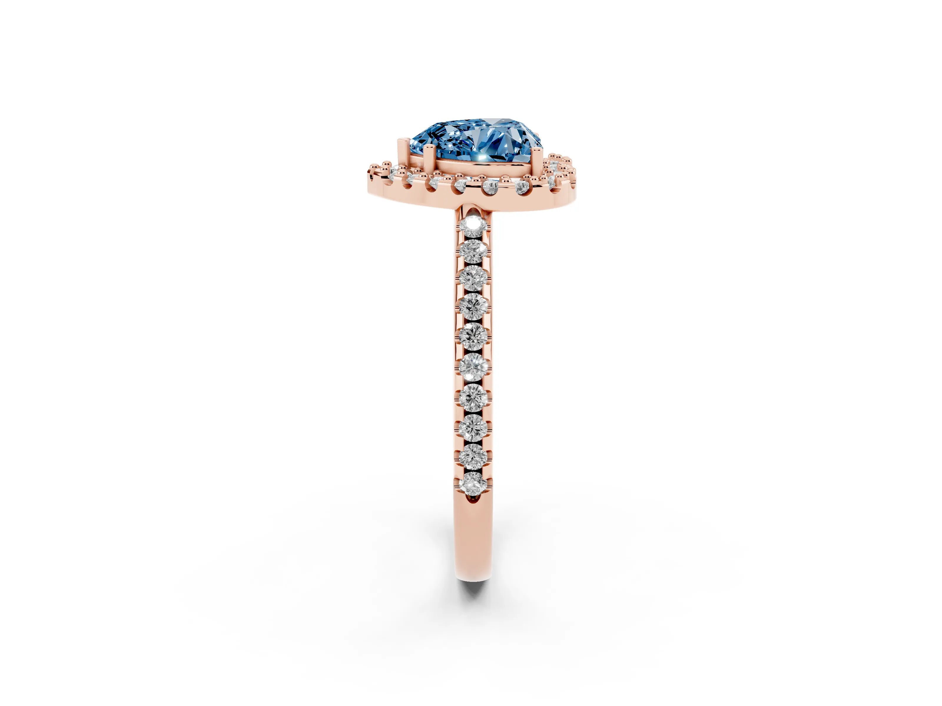 Fancy Blue Heart Cut Diamond Pavé Halo Ring Set in Rose gold with Prong Setting