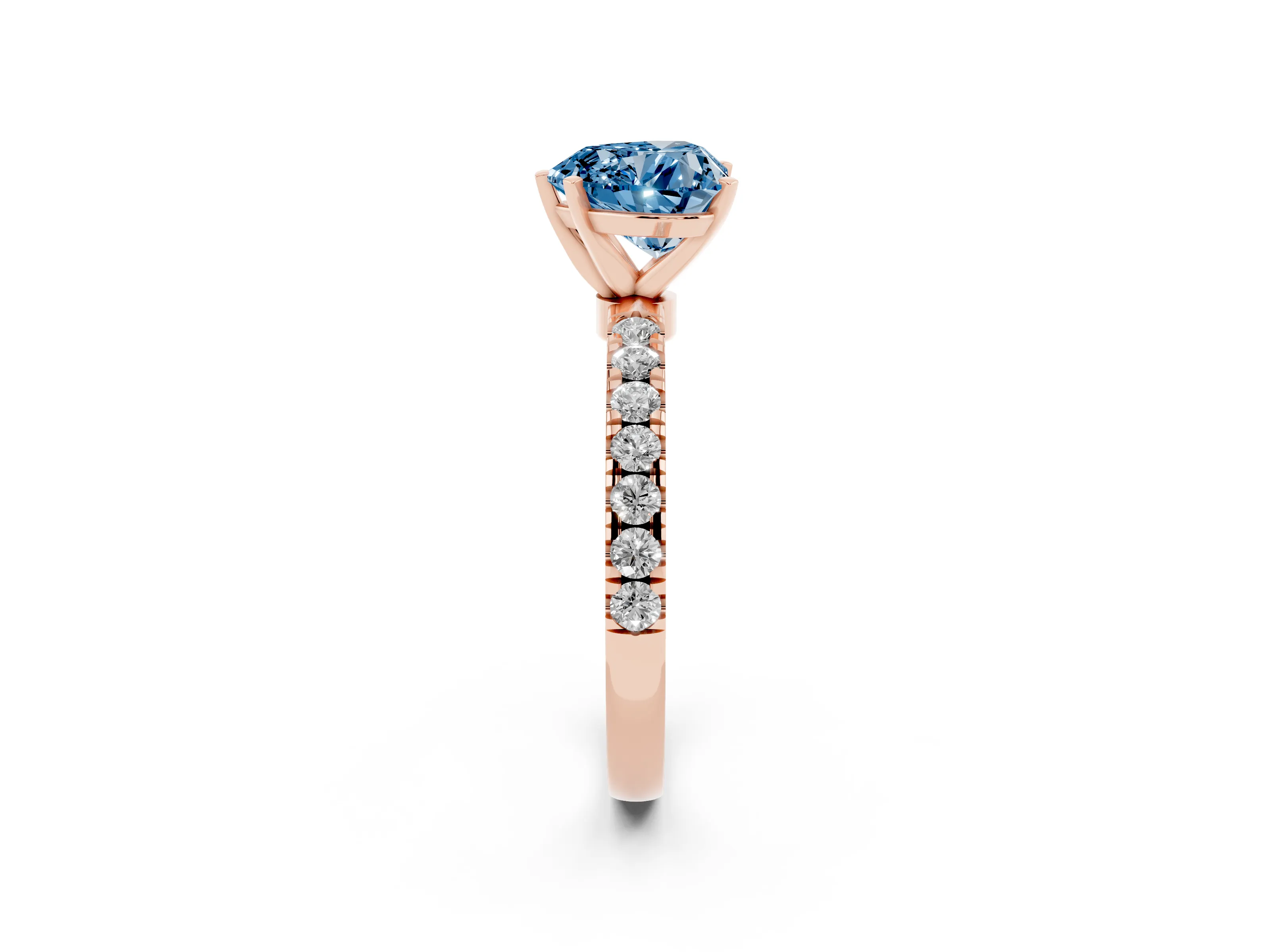 Fancy Blue Heart Cut Diamond Solitaire Ring Set in Rose gold with Pavé Accents and Prong Setting