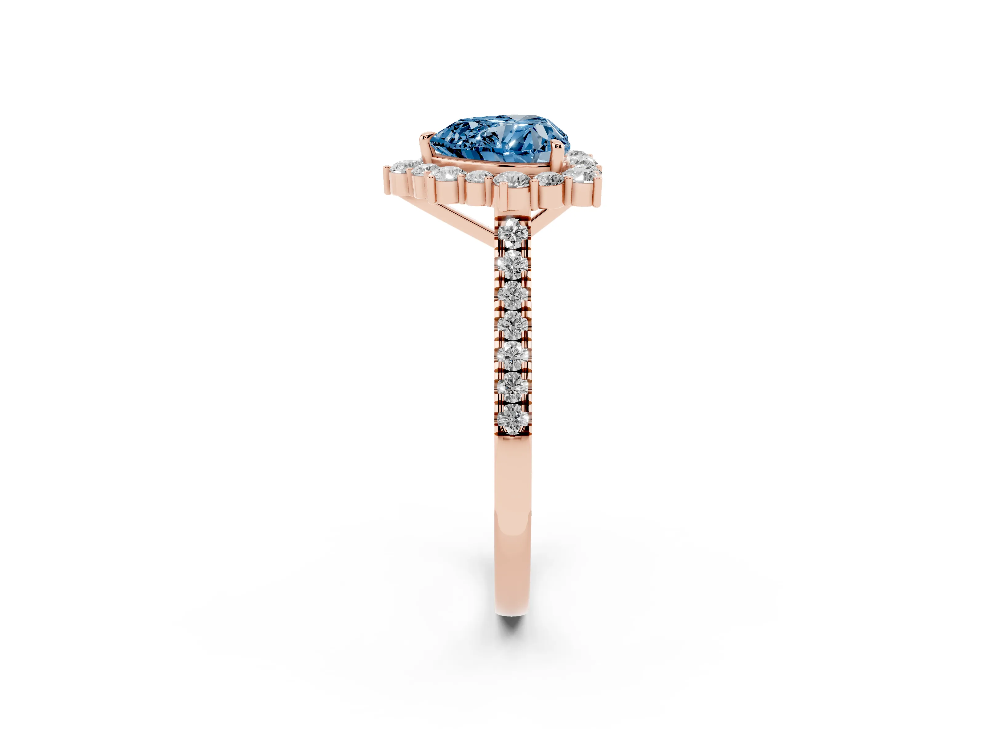 Fancy Blue Heart Cut Diamond Halo Ring Set in Rose gold with Pavé Band and Prong Setting