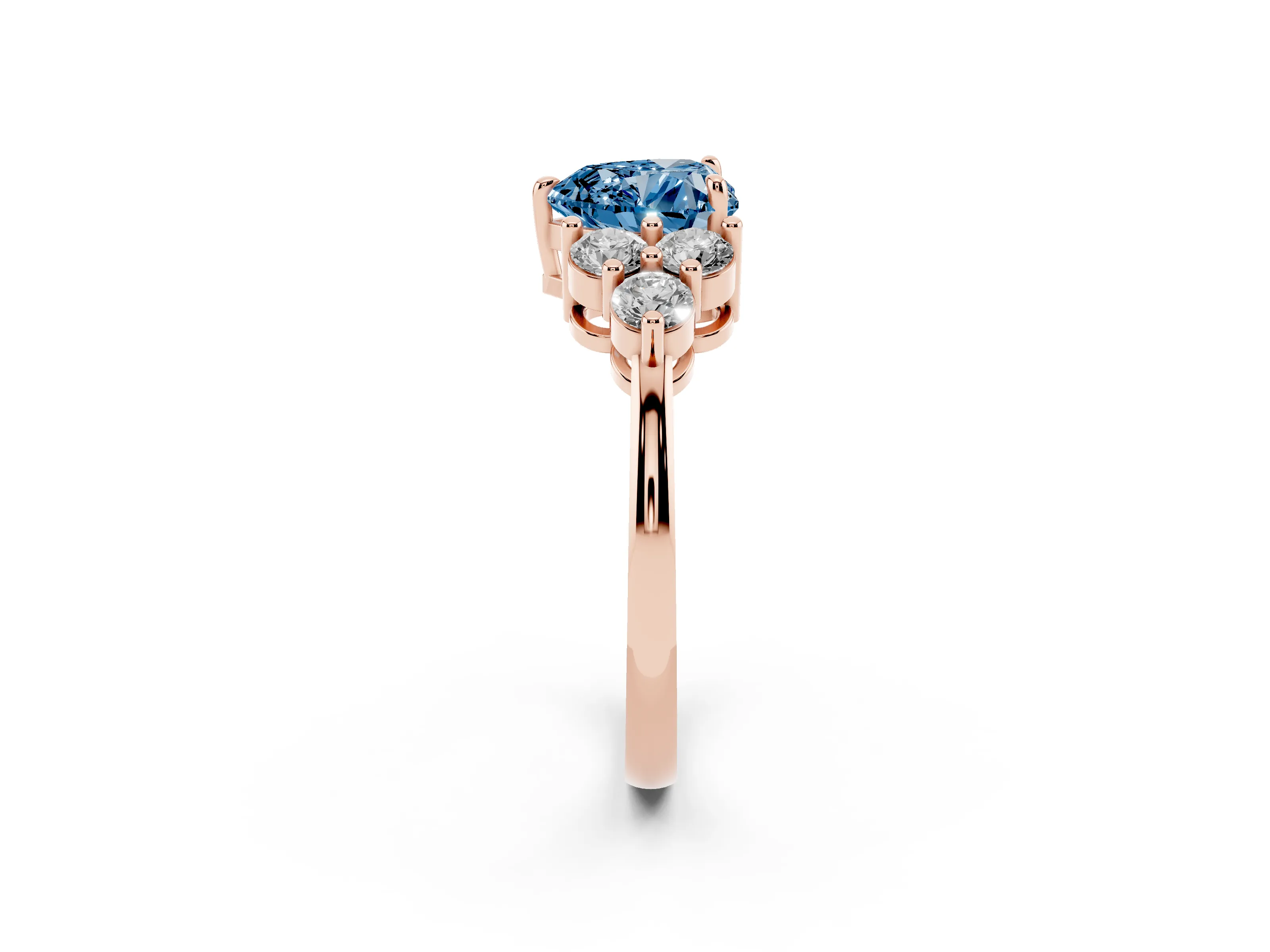 Fancy Blue Heart Cut Diamond Solitaire Ring Set in Rose gold with Cluster Accents on Each Side