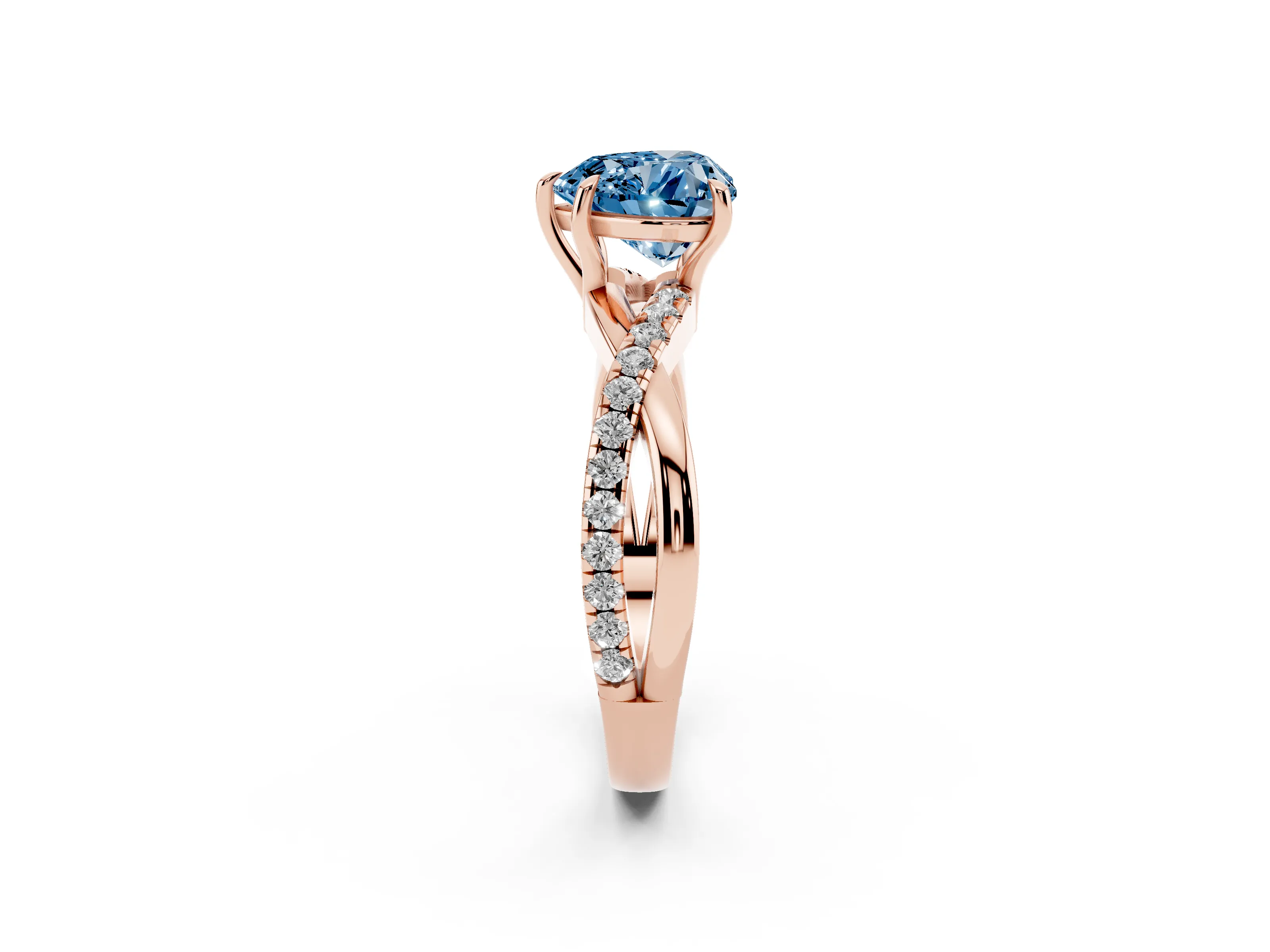 Fancy Blue Heart Cut Diamond Twisted Pavé Band Ring Set in Rose gold with Prong Setting