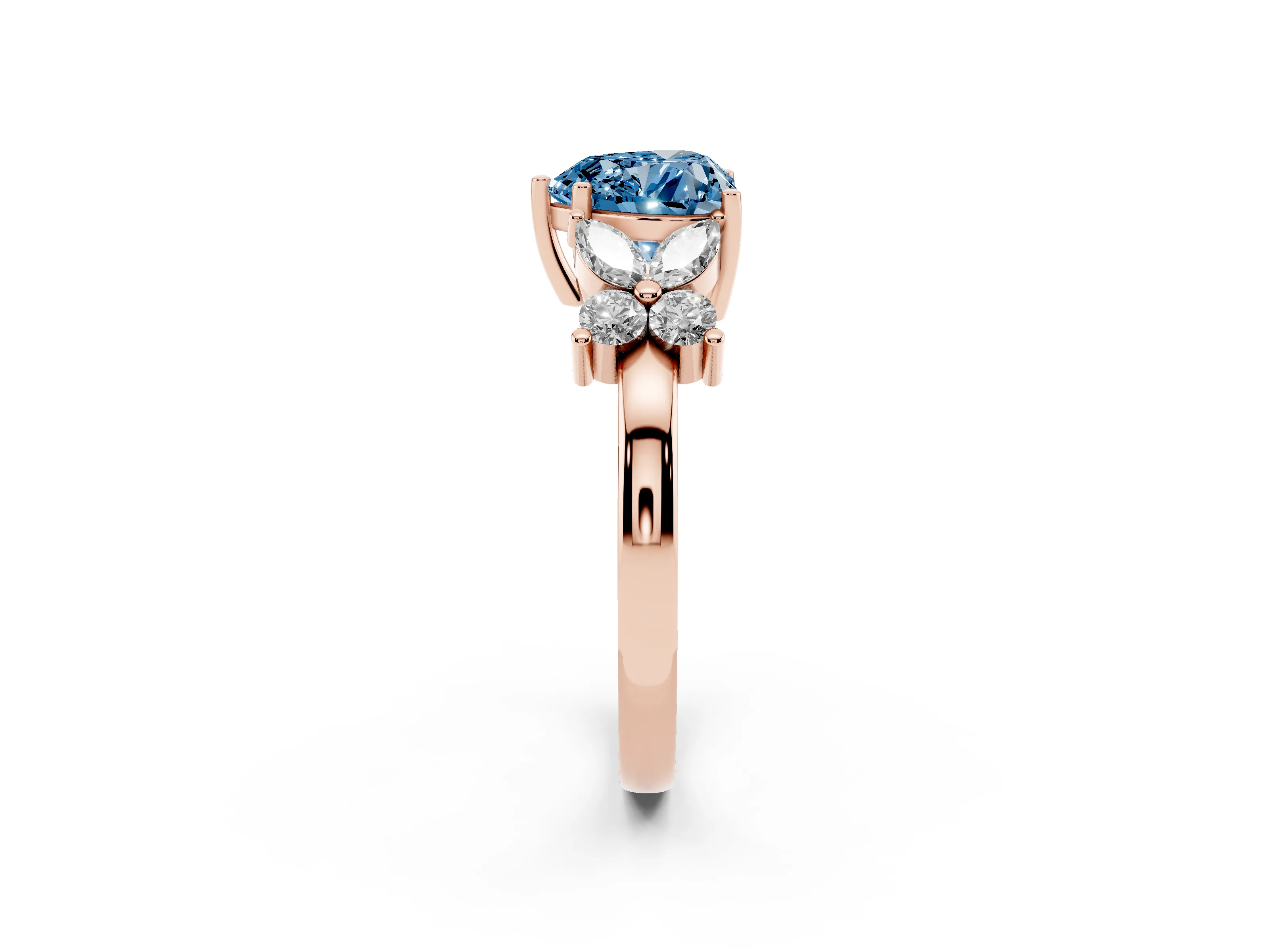 Fancy Blue Heart Cut Diamond Floral Cluster Ring Set in Rose gold with Marquise Petals and Prong Setting