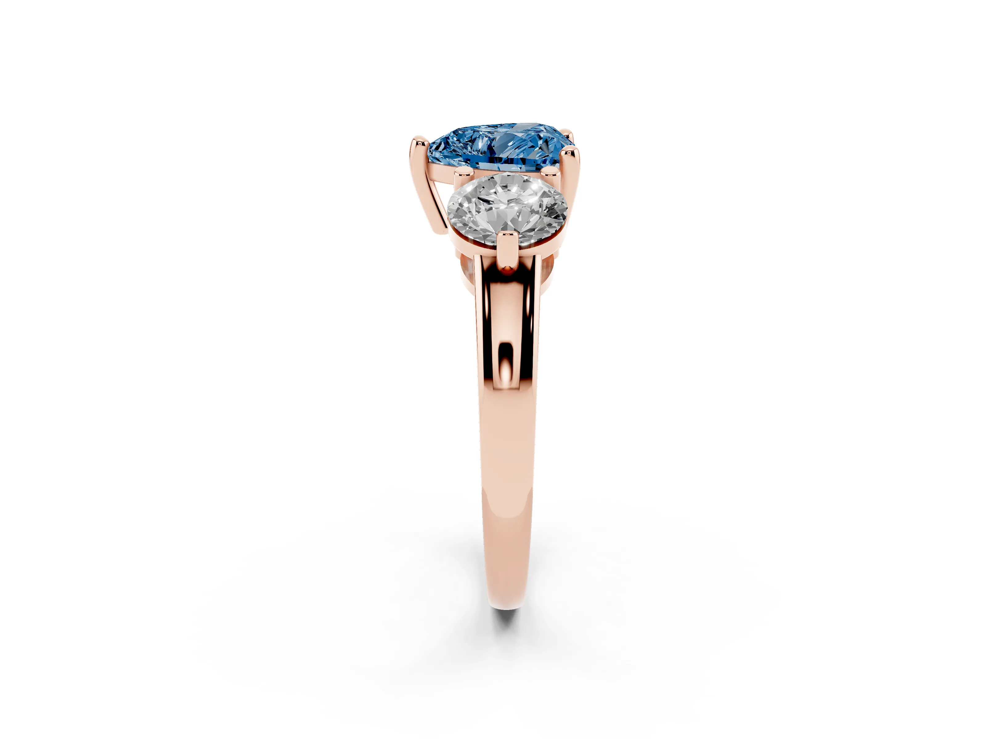 Fancy Blue Heart Cut Diamond Three-Stone Ring Set in Rose gold with Prong Setting and Classic Band