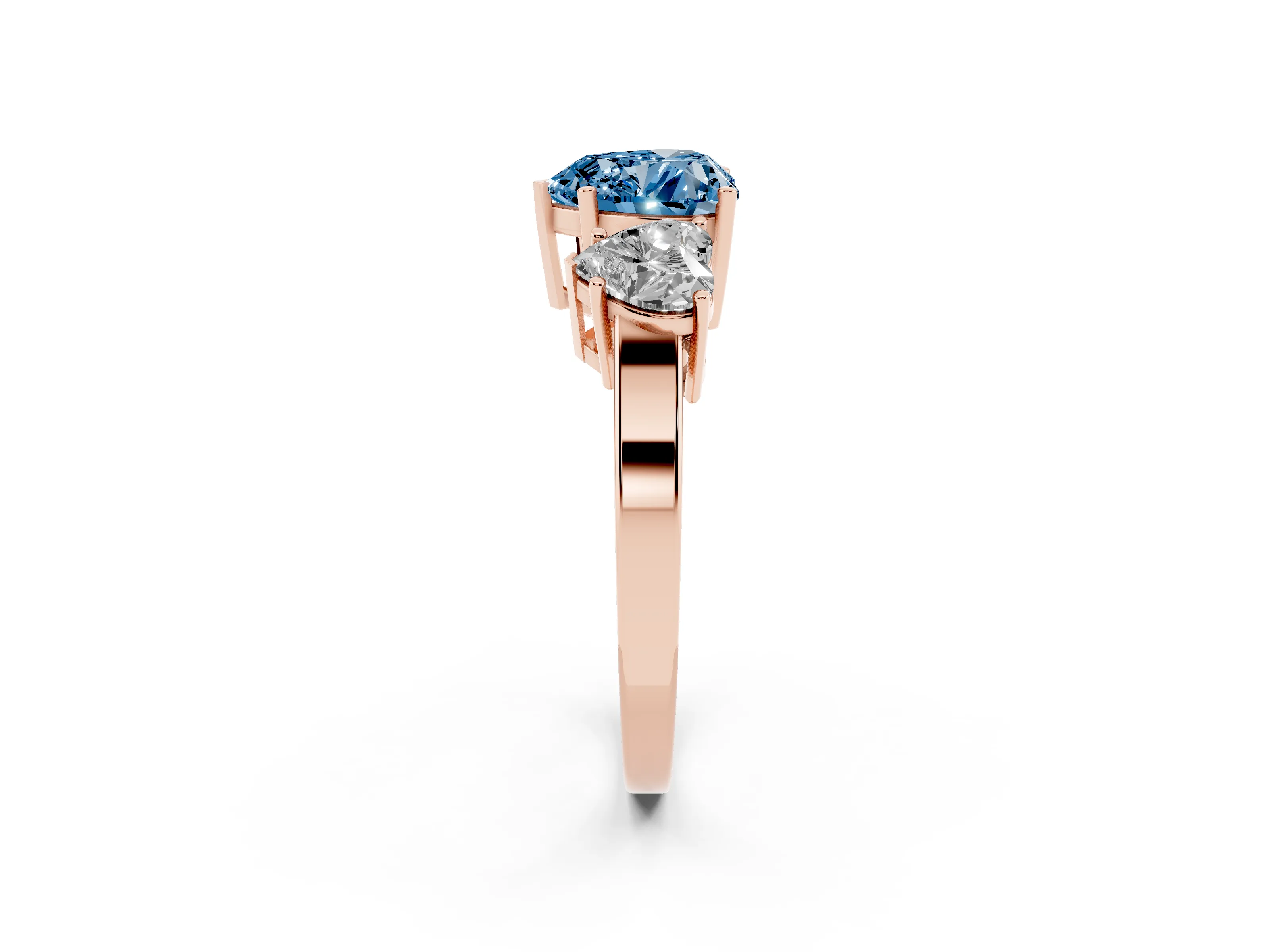 Fancy Blue Heart Cut Diamond Three-Stone Engagement Ring Set in Rose gold with Flat Band