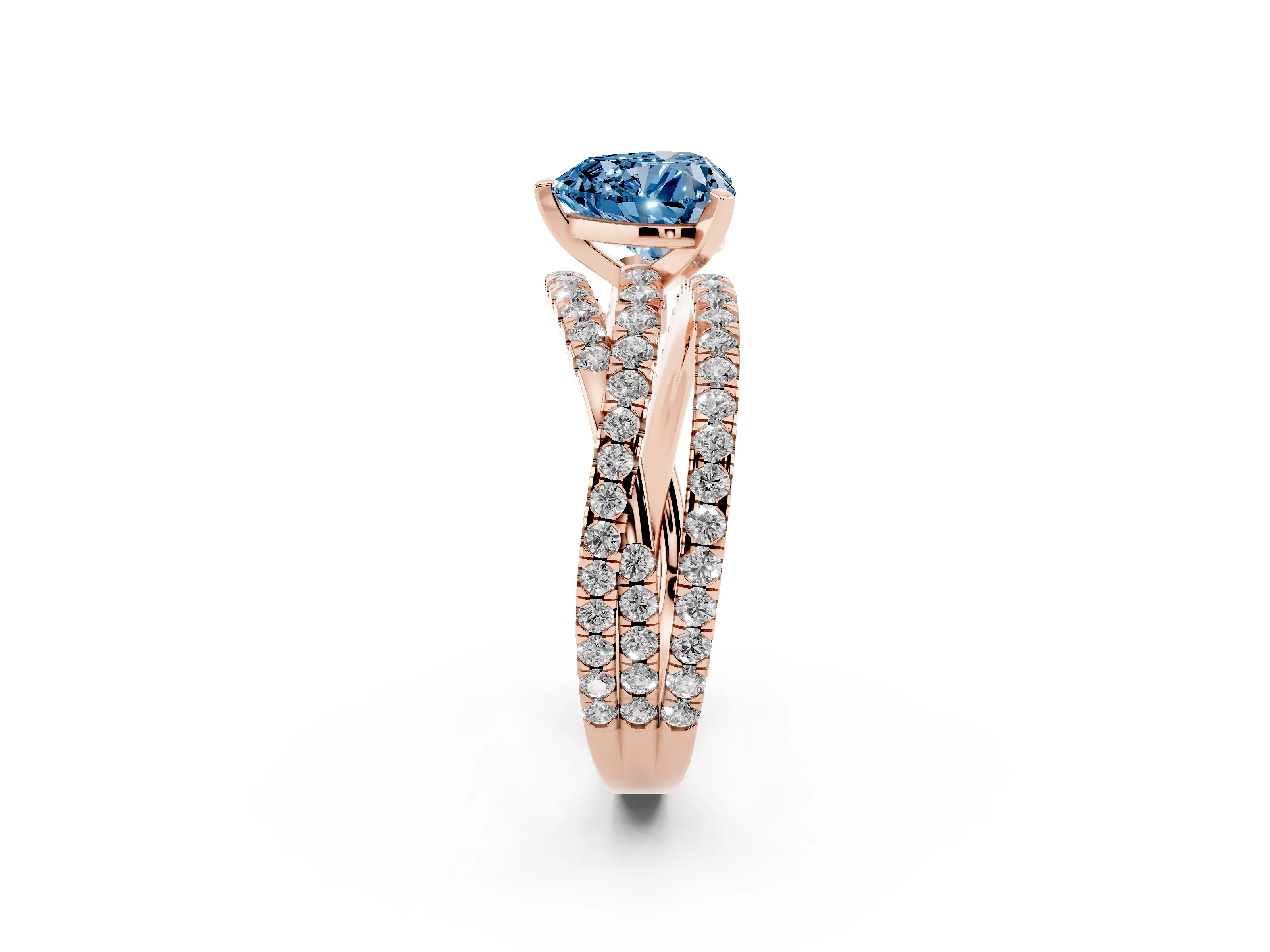Fancy Blue Heart Cut Diamond Solitaire Twist Band Ring Set in Rose gold with Pavé Setting and Prong Head