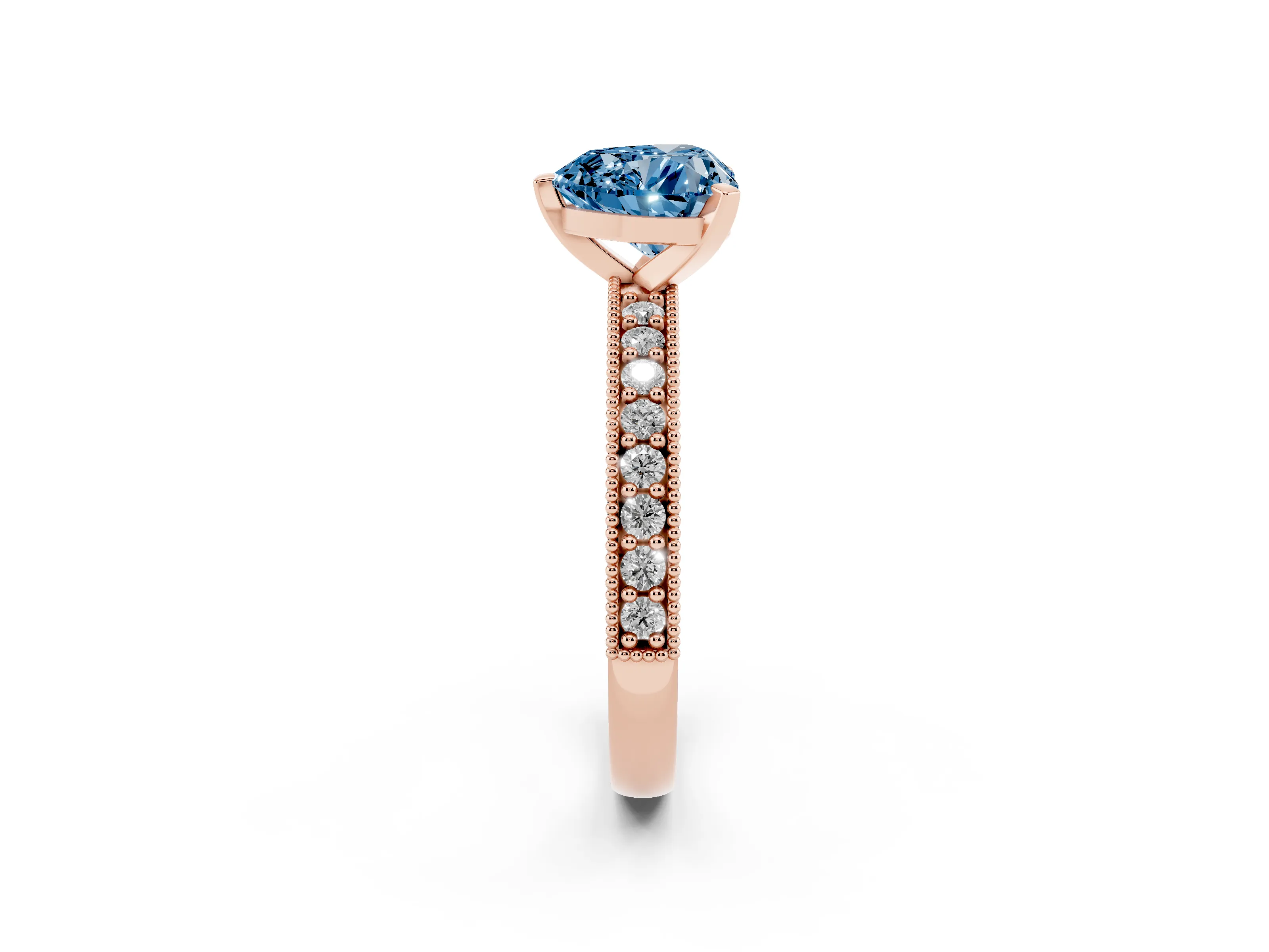 Fancy Blue Heart Cut Diamond Milgrain Pavé Engagement Ring Set in Rose gold with Prong Setting