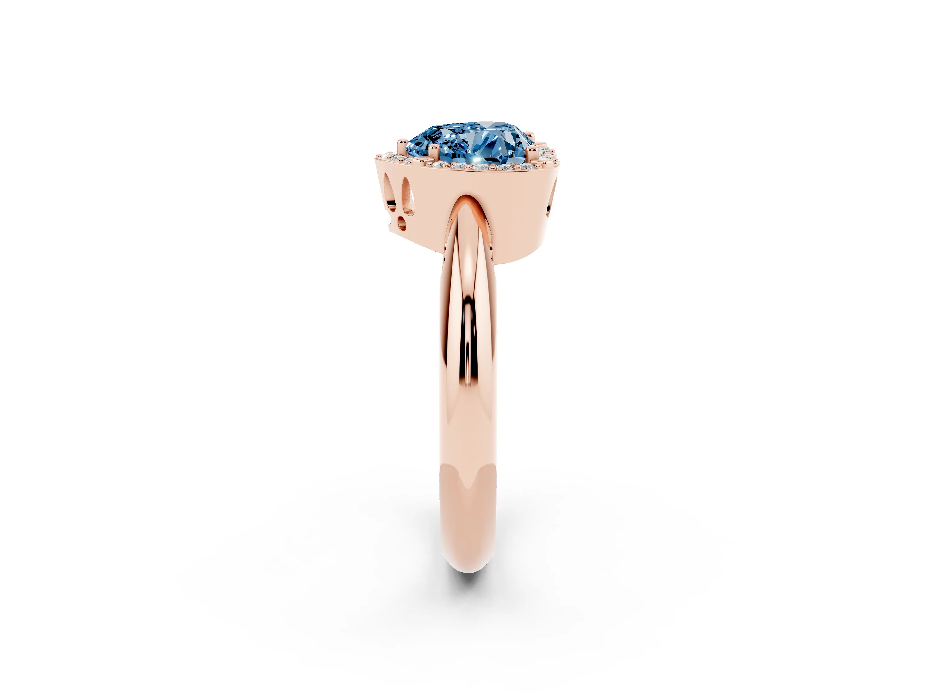Fancy Blue Heart Cut Diamond Halo Engagement Ring Set in Rose gold with Plain Split Shank and Prong Setting