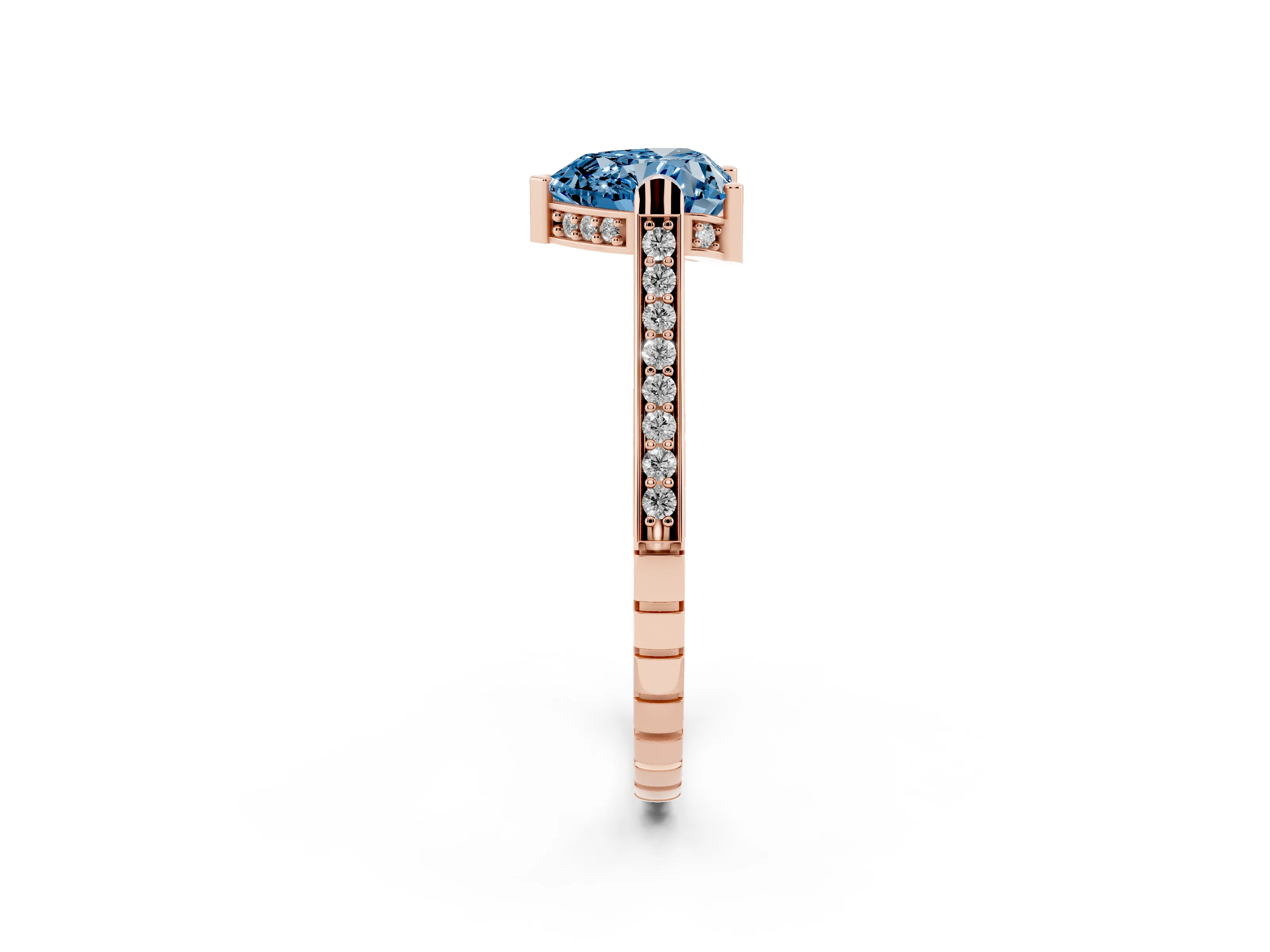 Fancy Blue Heart Cut Diamond Solitaire Ring Set in Rose gold with Channel Set Band and Bezel Prong Setting