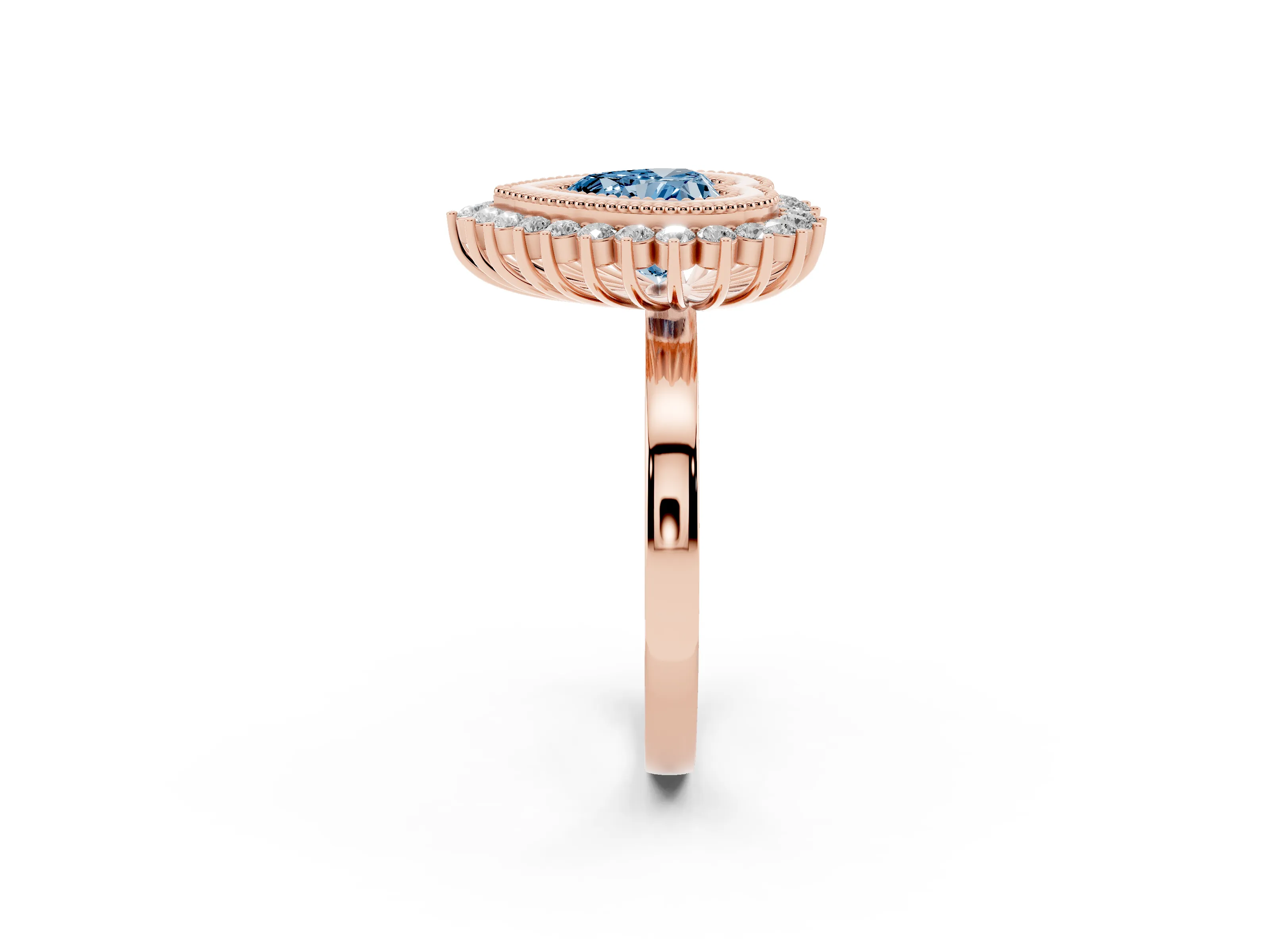 Fancy Blue Heart Cut Diamond Halo Ring Set in Rose gold with Milgrain Edge and Round Prong Setting