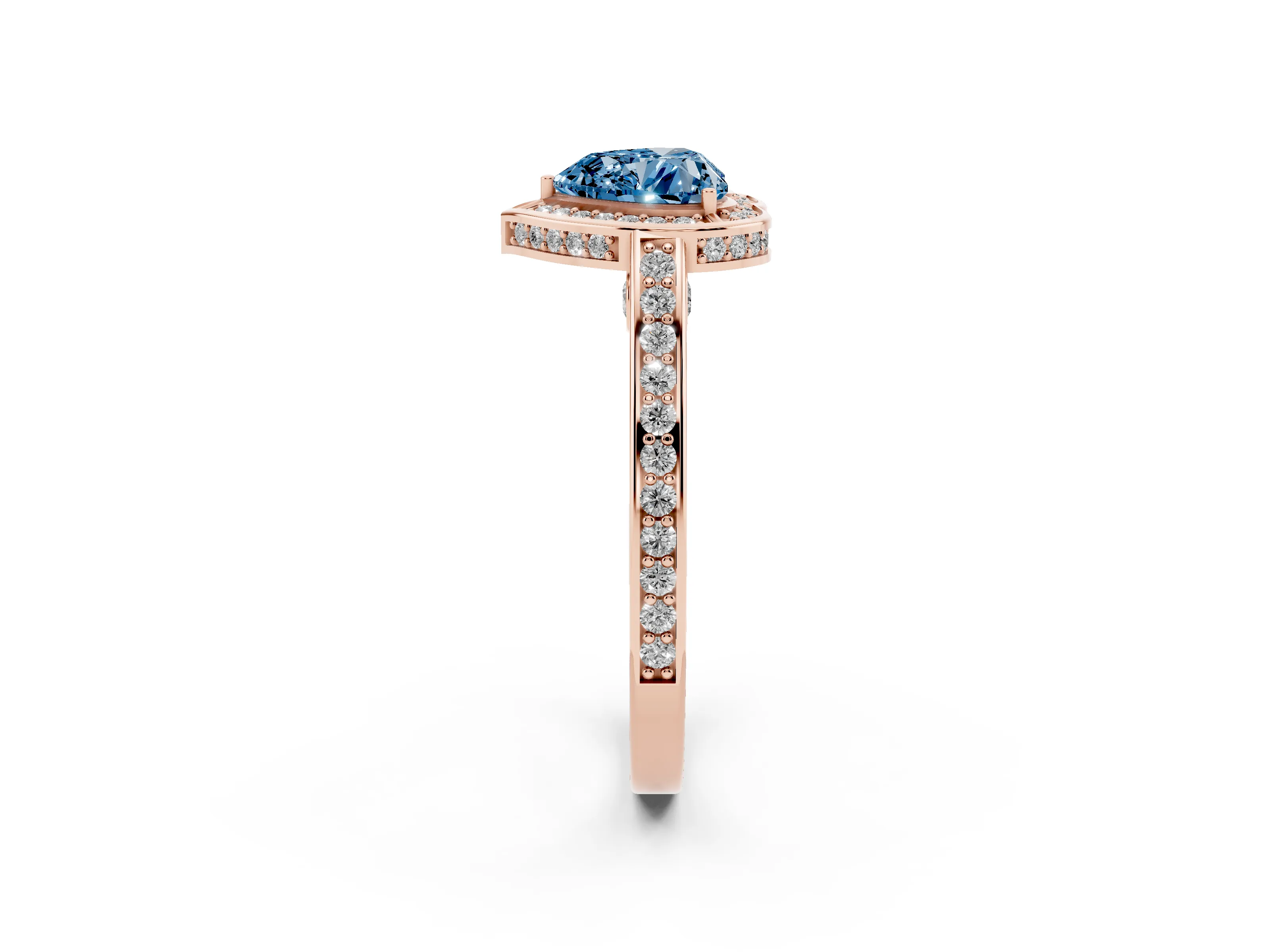 Fancy Blue Heart Cut Diamond Halo Pavé Split Shank Ring Set in Rose gold with Prong Setting